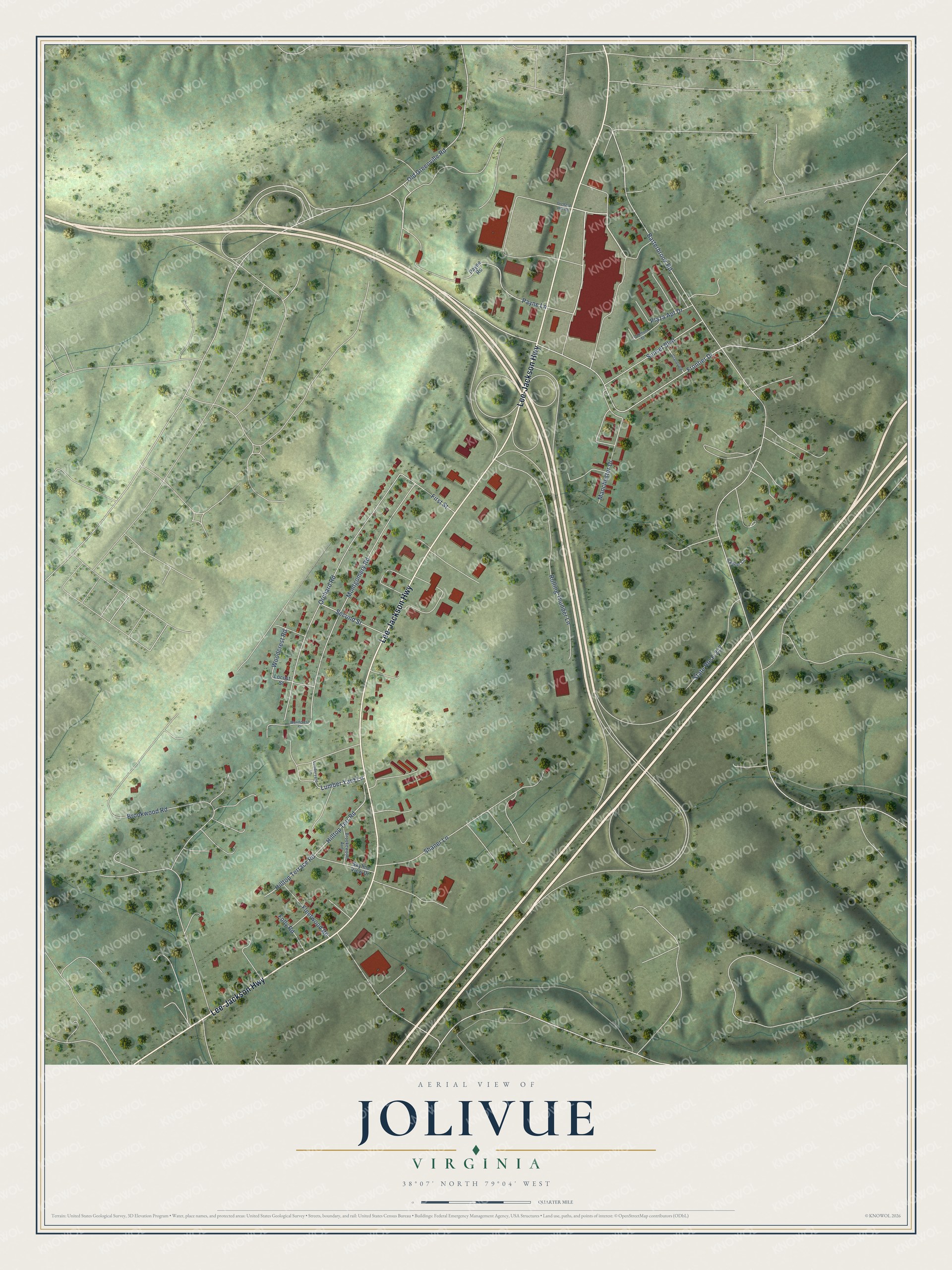 Full map of Jolivue, Virginia, with red buildings, printed street names and the land around them