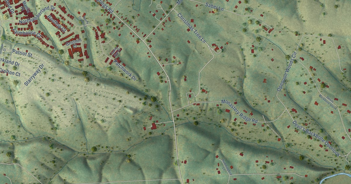 Close-up of streets and buildings in Jordan Springs, Virginia