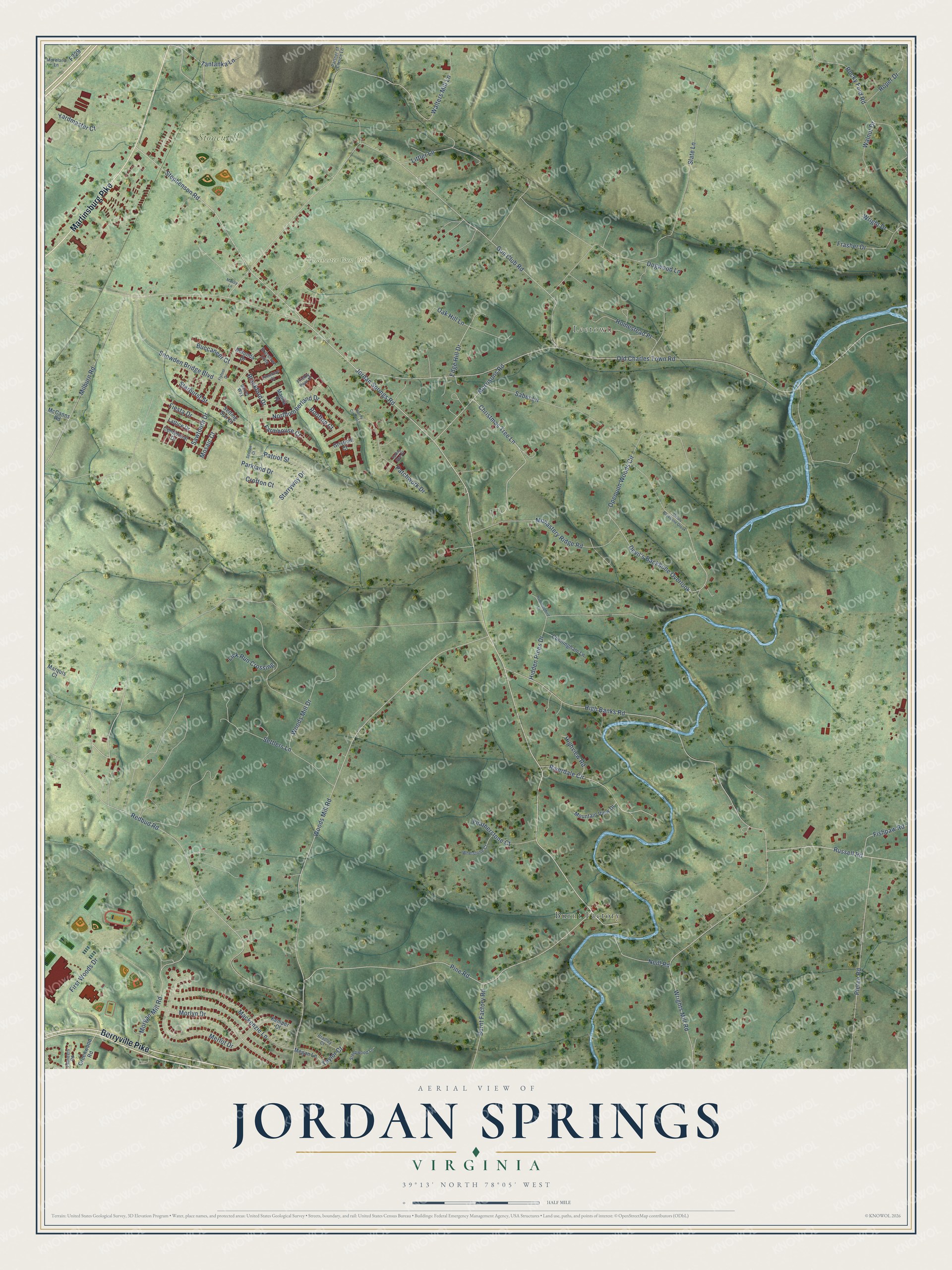 Full map of Jordan Springs, Virginia, with red buildings, printed street names and the land around them