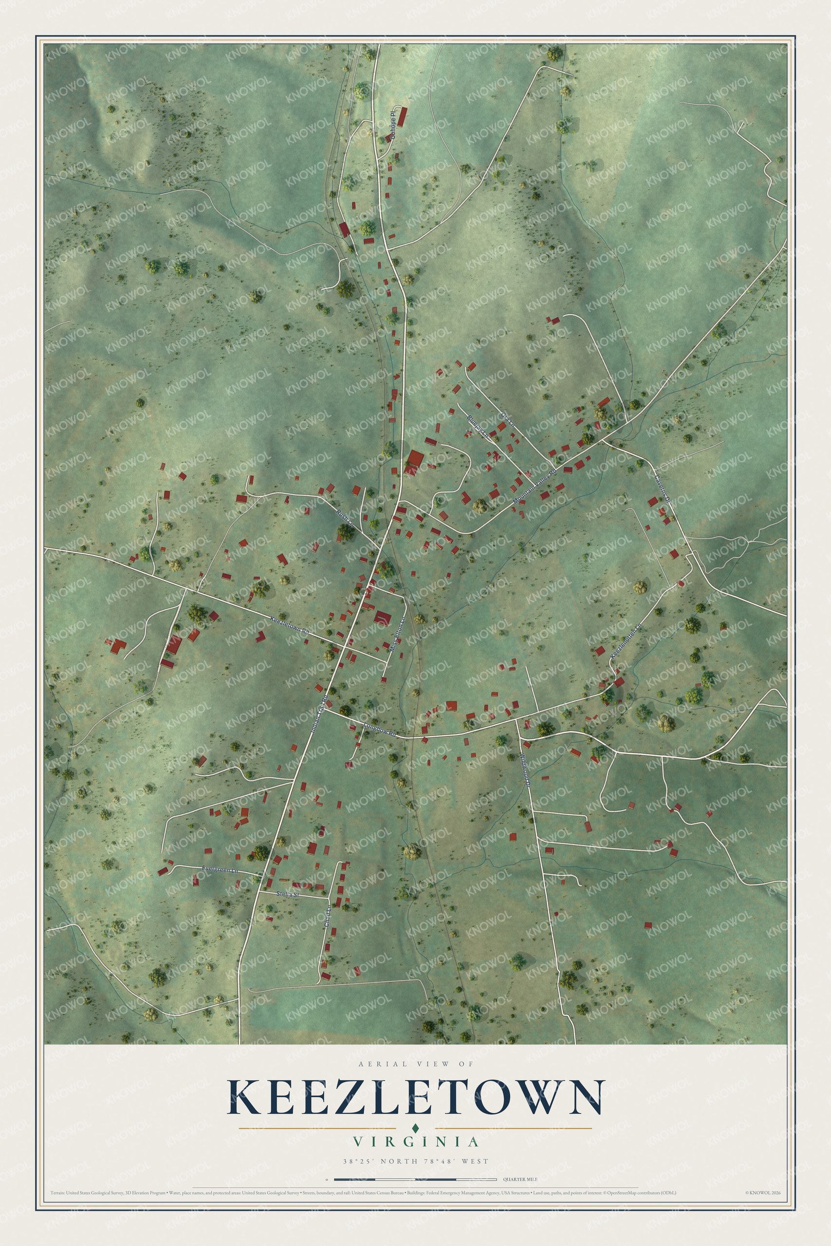 Full map of Keezletown, Virginia, with red buildings, printed street names and the land around them