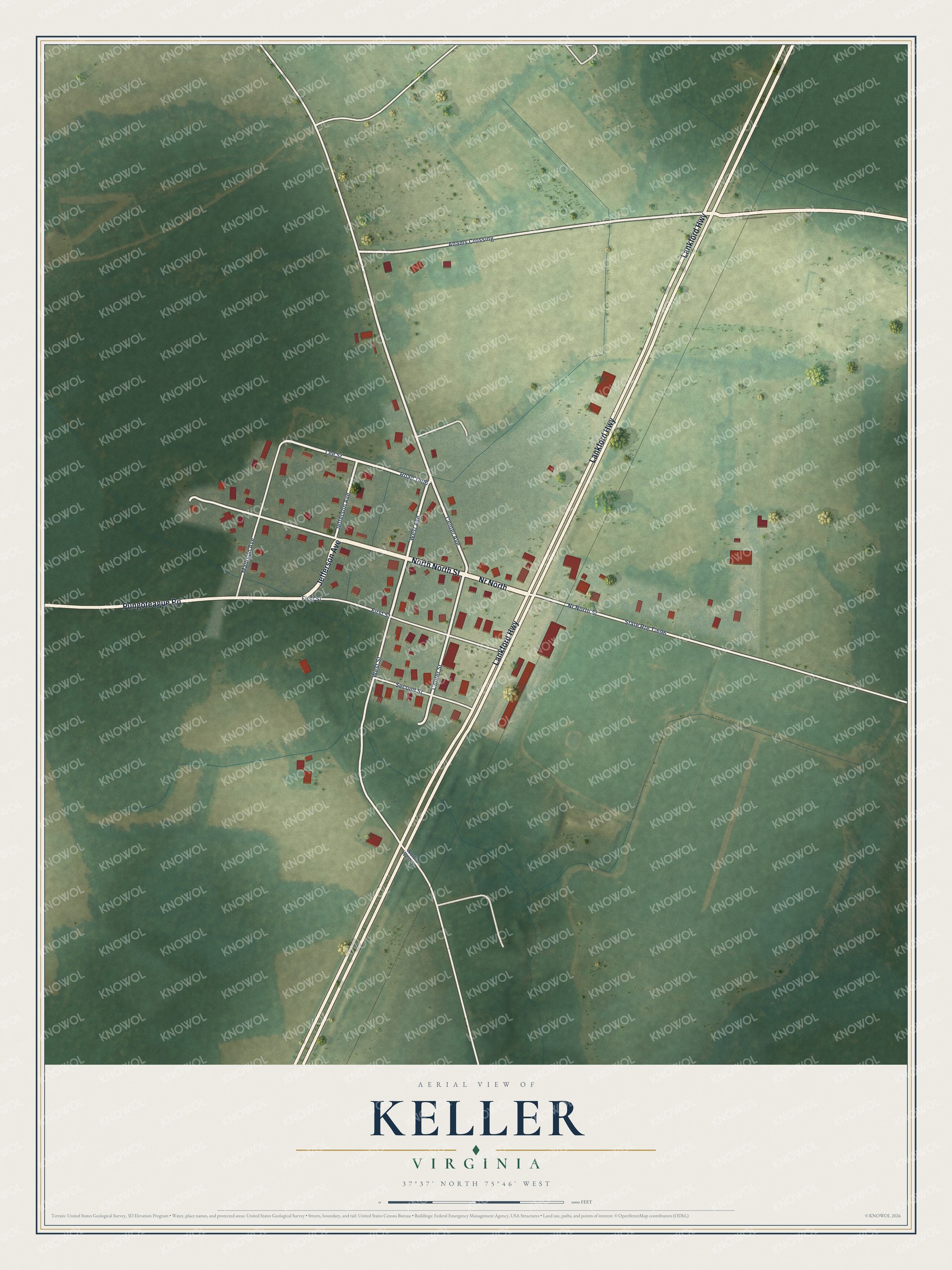 Full map of Keller, Virginia, with red buildings, printed street names and the land around them