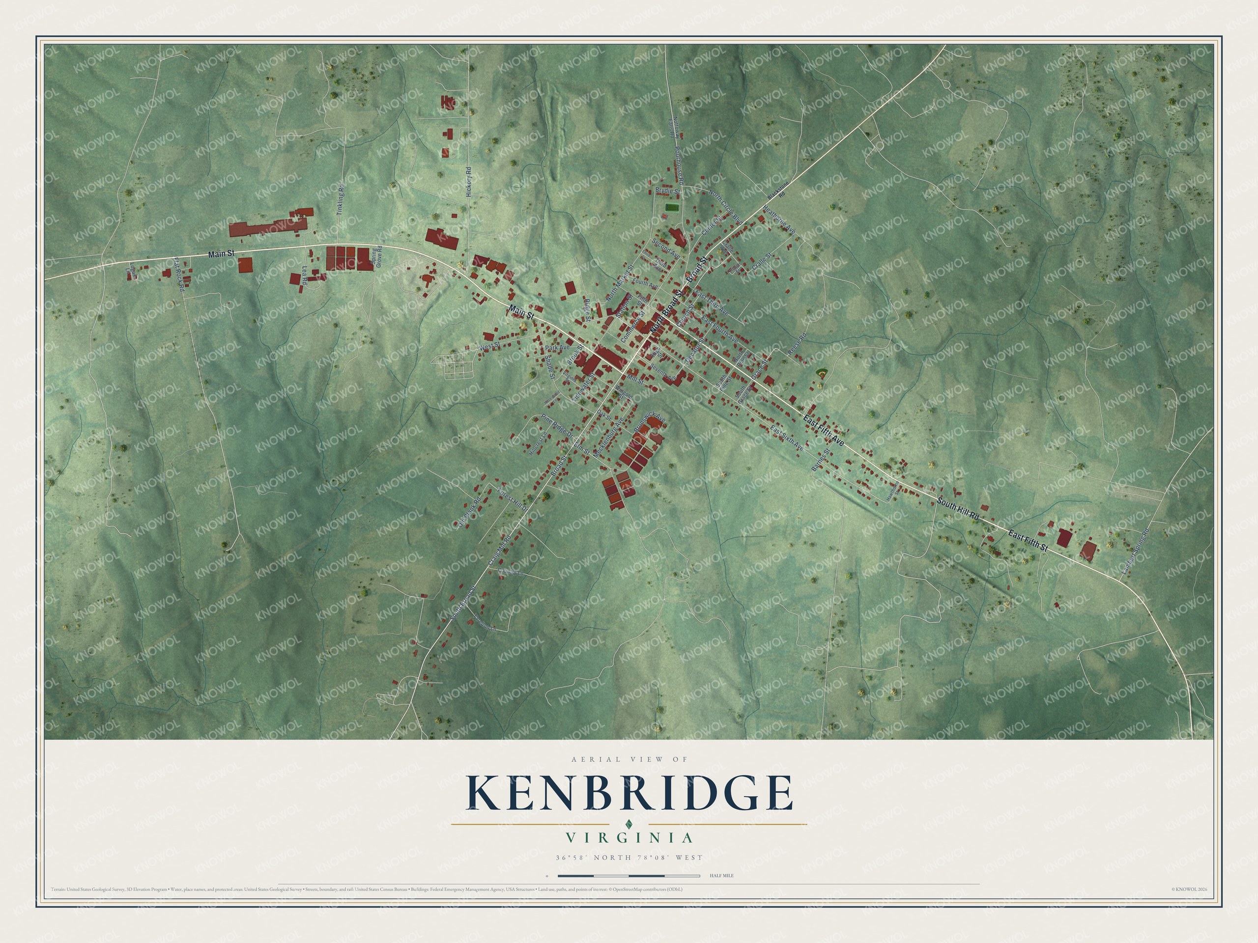 Full map of Kenbridge, Virginia, with red buildings, printed street names and the land around them