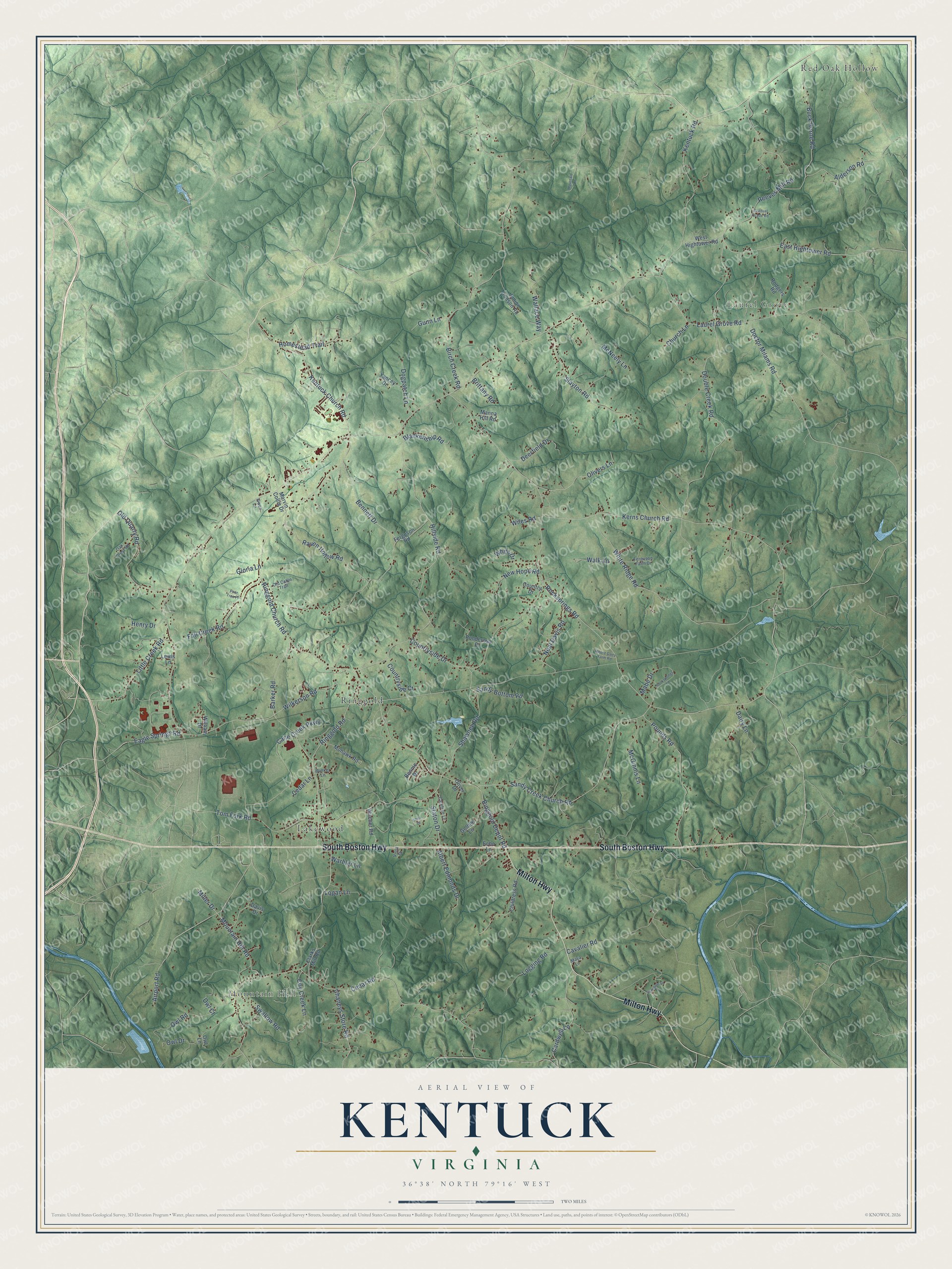 Full map of Kentuck, Virginia, with red buildings, printed street names and the land around them