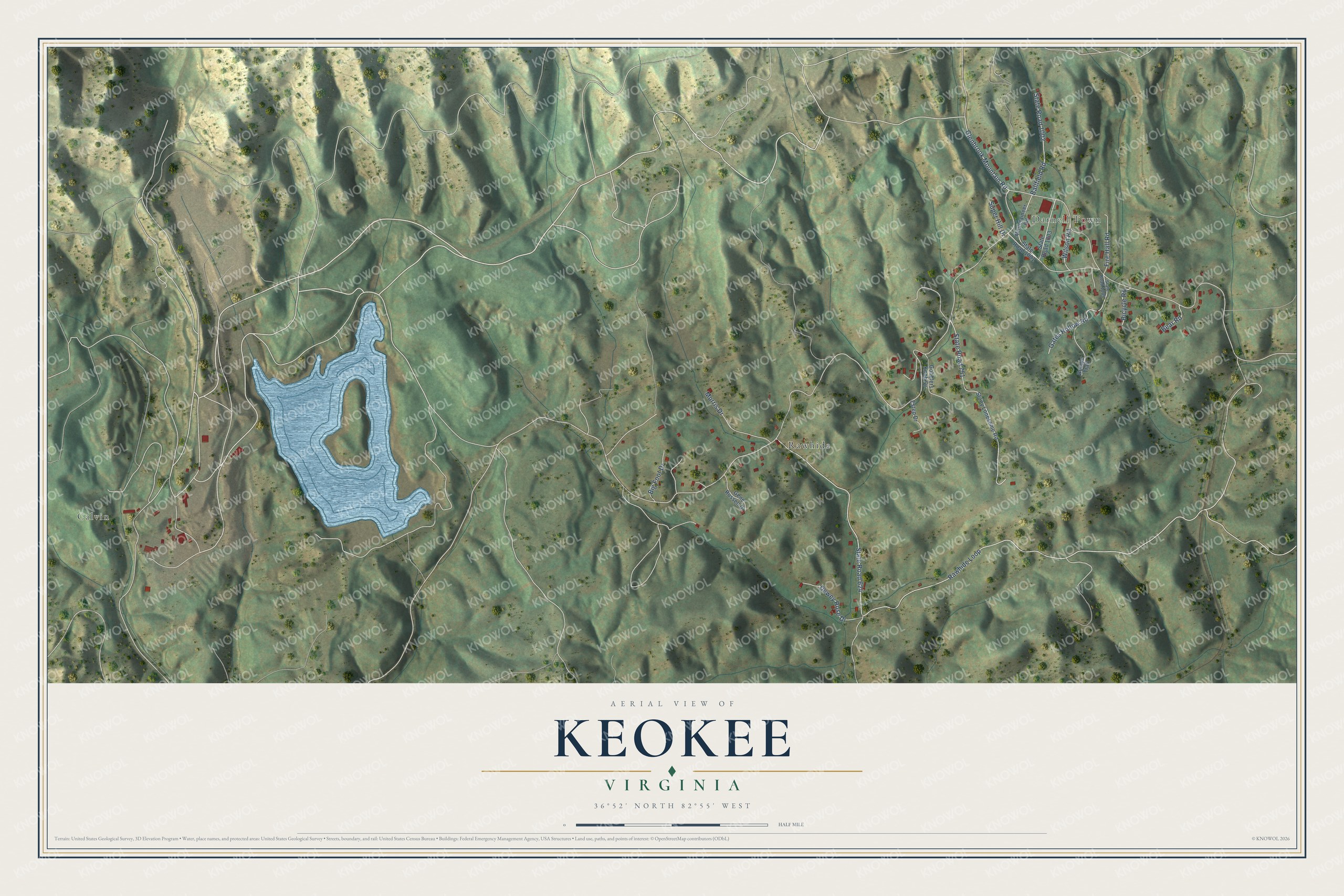 Full map of Keokee, Virginia, with red buildings, printed street names and the land around them