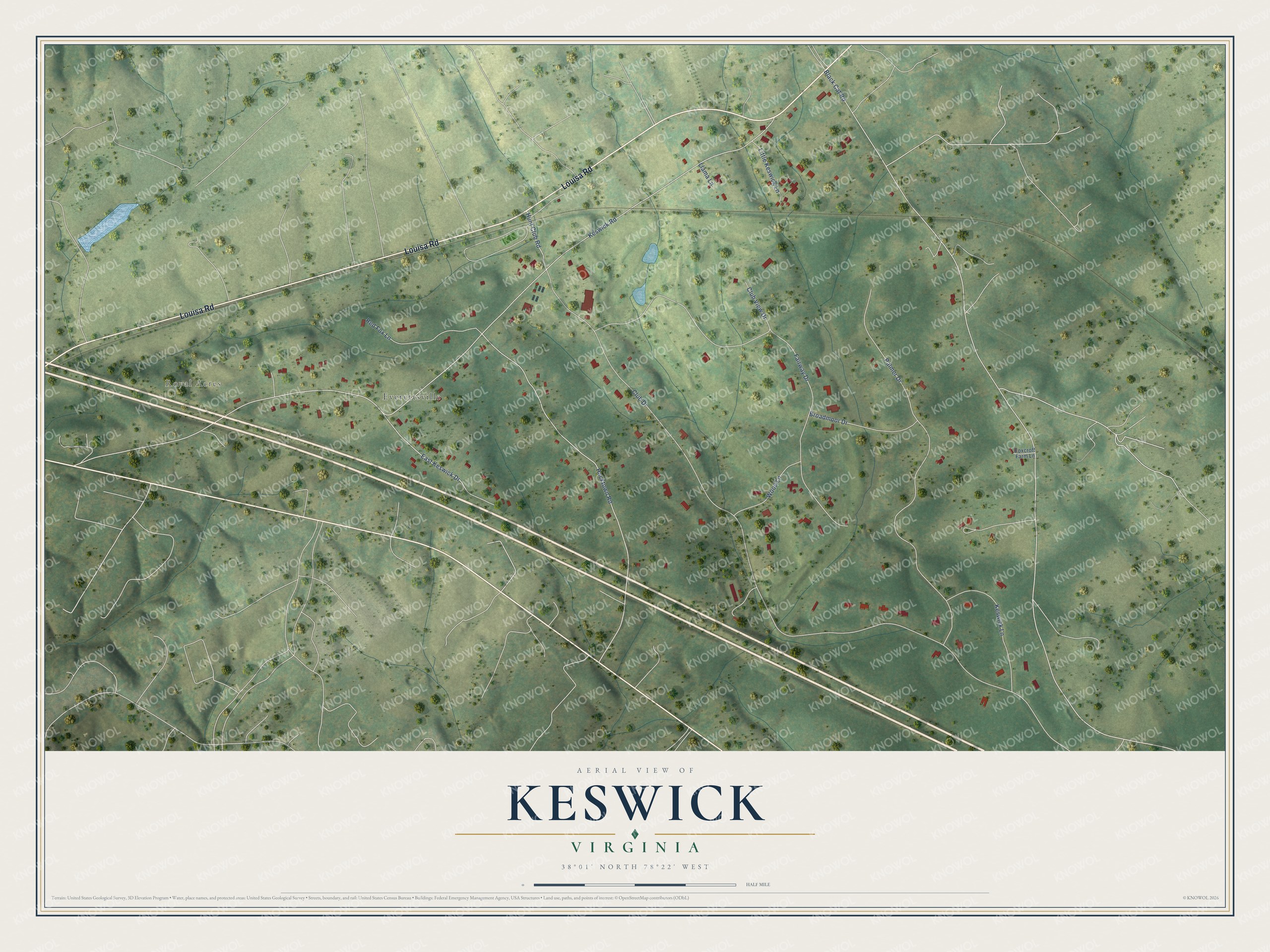 Full map of Keswick, Virginia, with red buildings, printed street names and the land around them