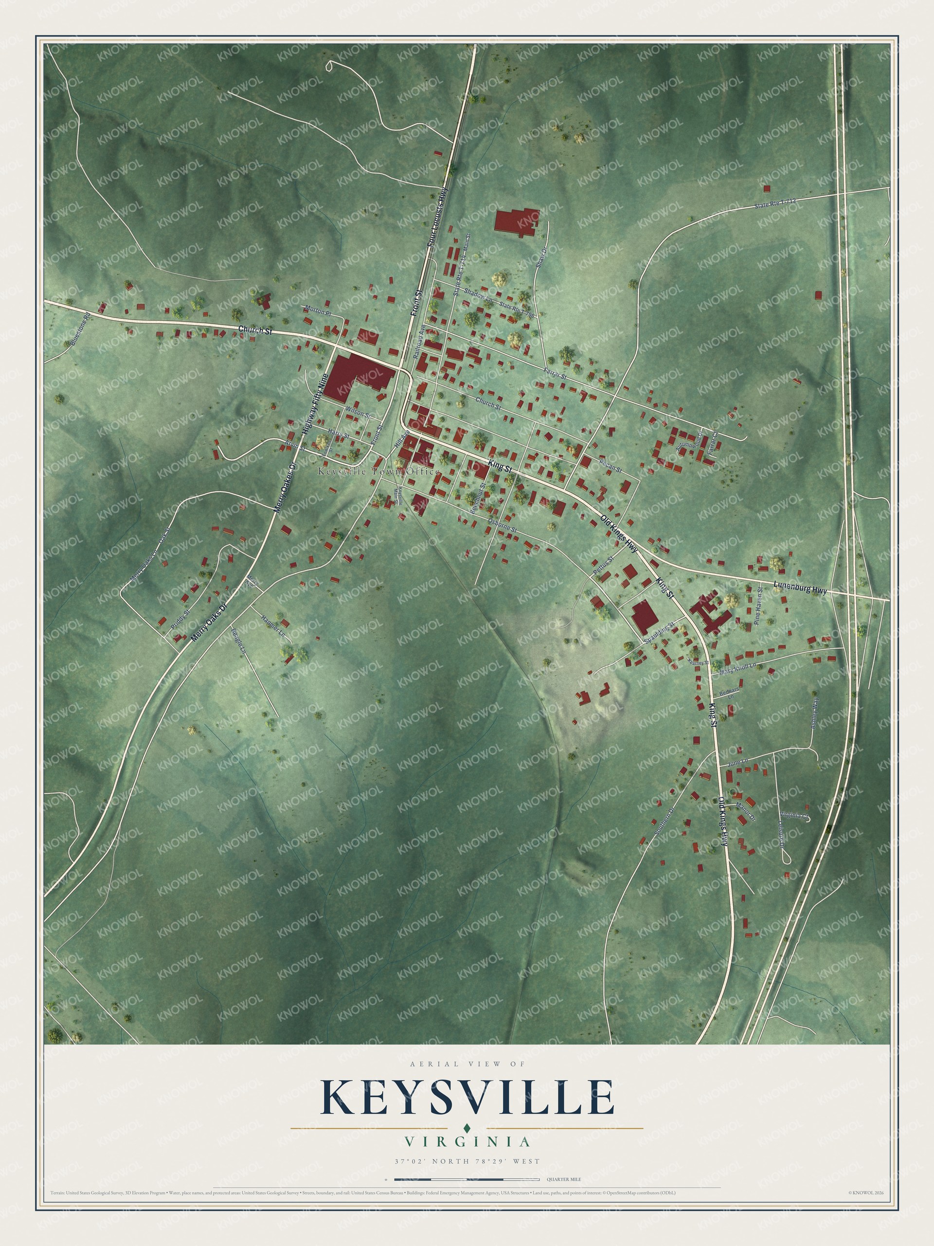 Full map of Keysville, Virginia, with red buildings, printed street names and the land around them