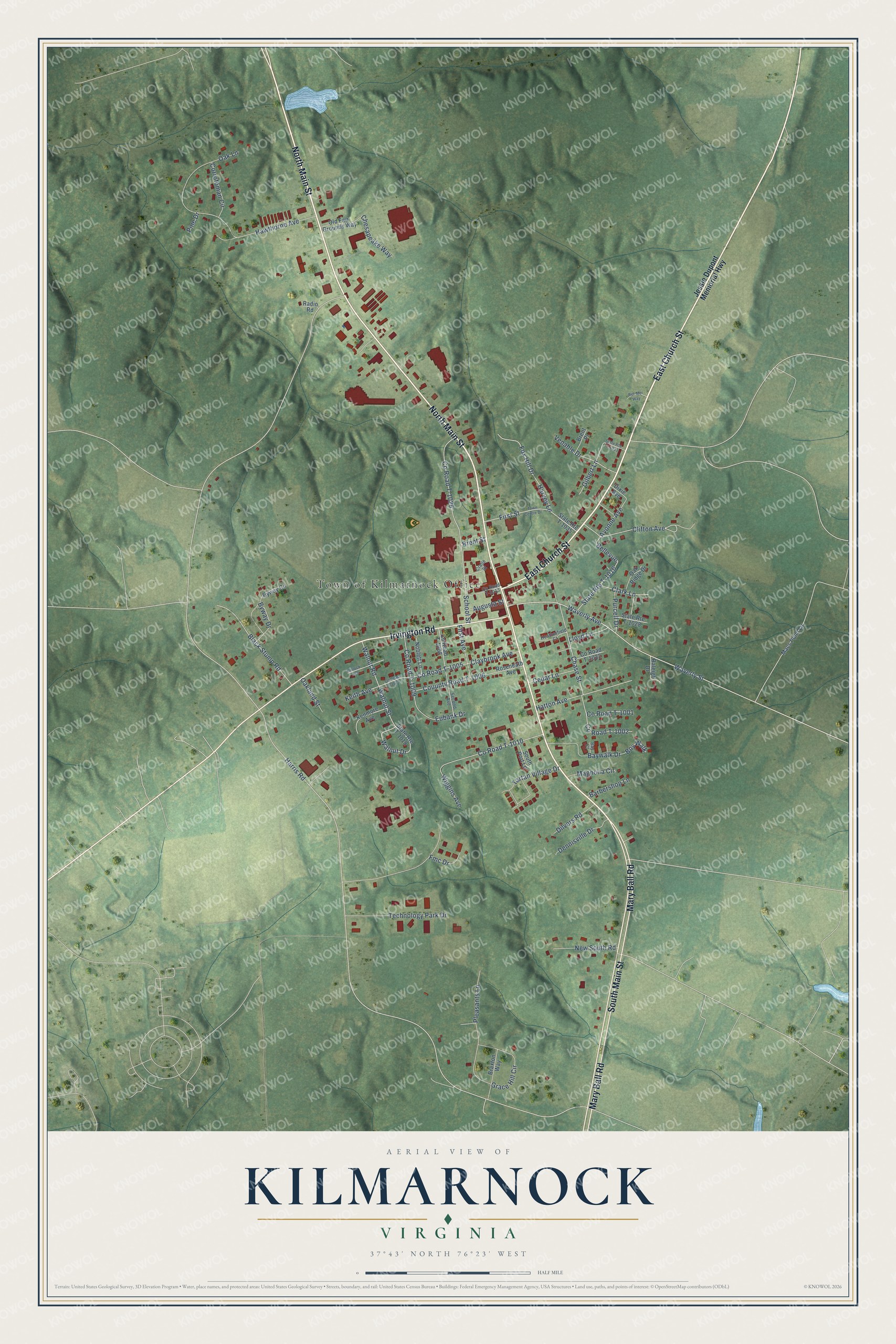 Full map of Kilmarnock, Virginia, with red buildings, printed street names and the land around them