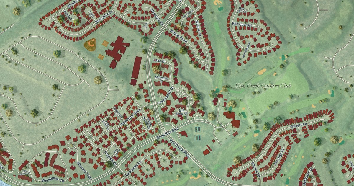 Close-up of streets and buildings in Kiln Creek, Virginia