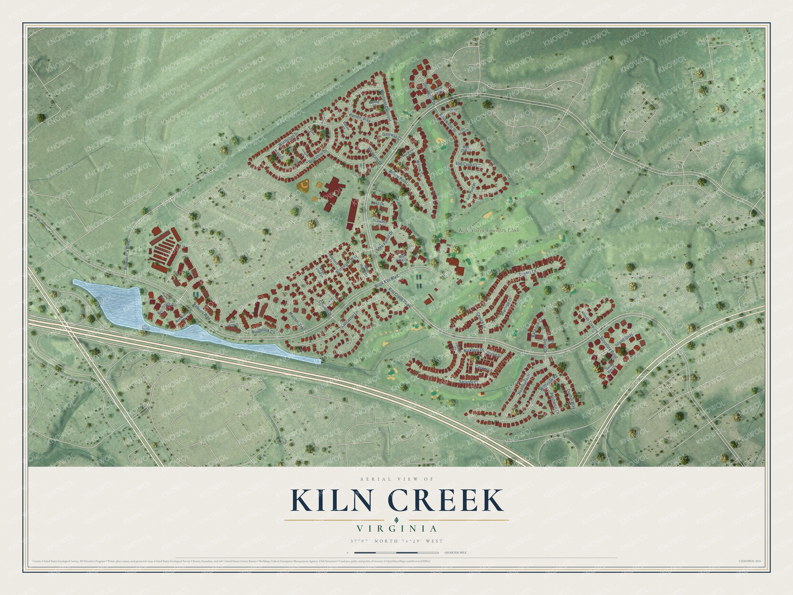 Full map of Kiln Creek, Virginia, with red buildings, printed street names and the land around them
