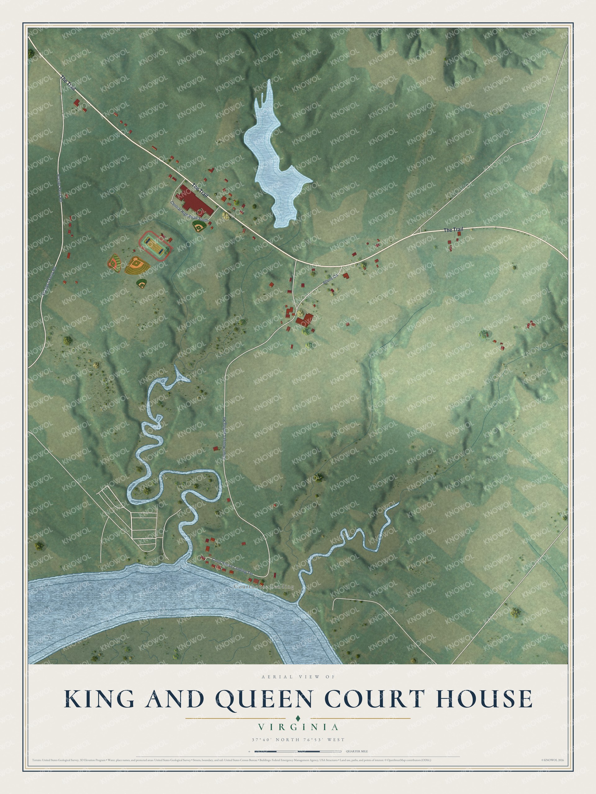Full map of King and Queen Court House, Virginia, with red buildings, printed street names and the land around them