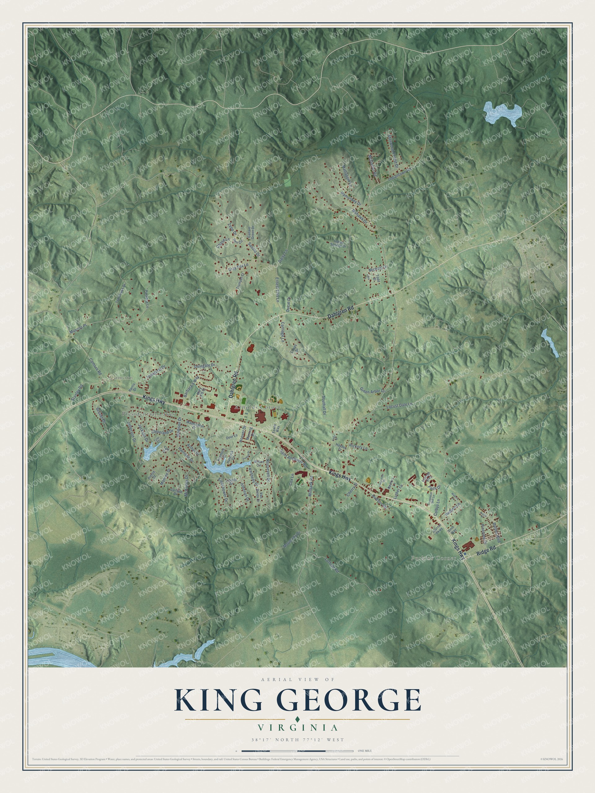 Full map of King George, Virginia, with red buildings, printed street names and the land around them