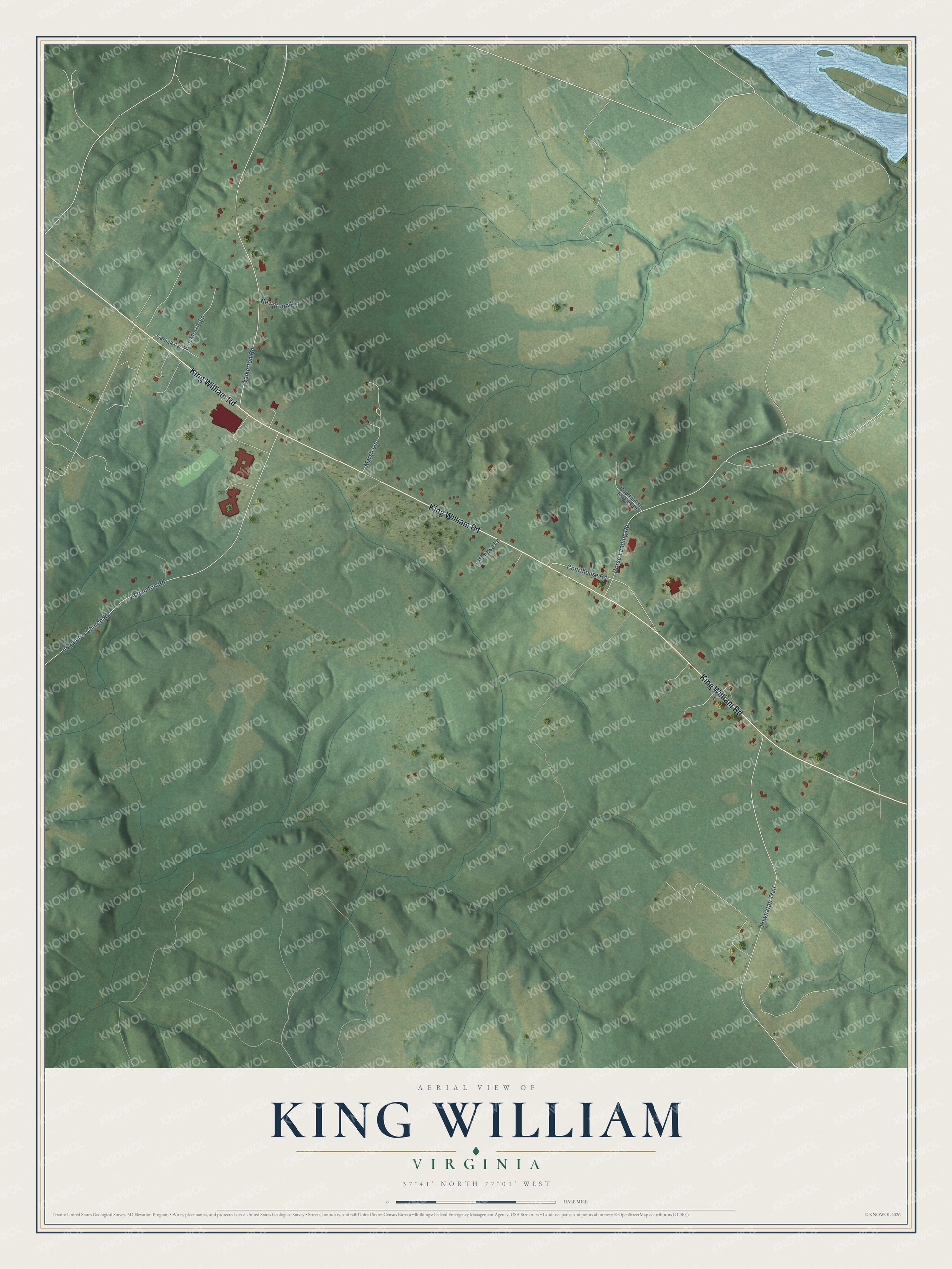 Full map of King William, Virginia, with red buildings, printed street names and the land around them