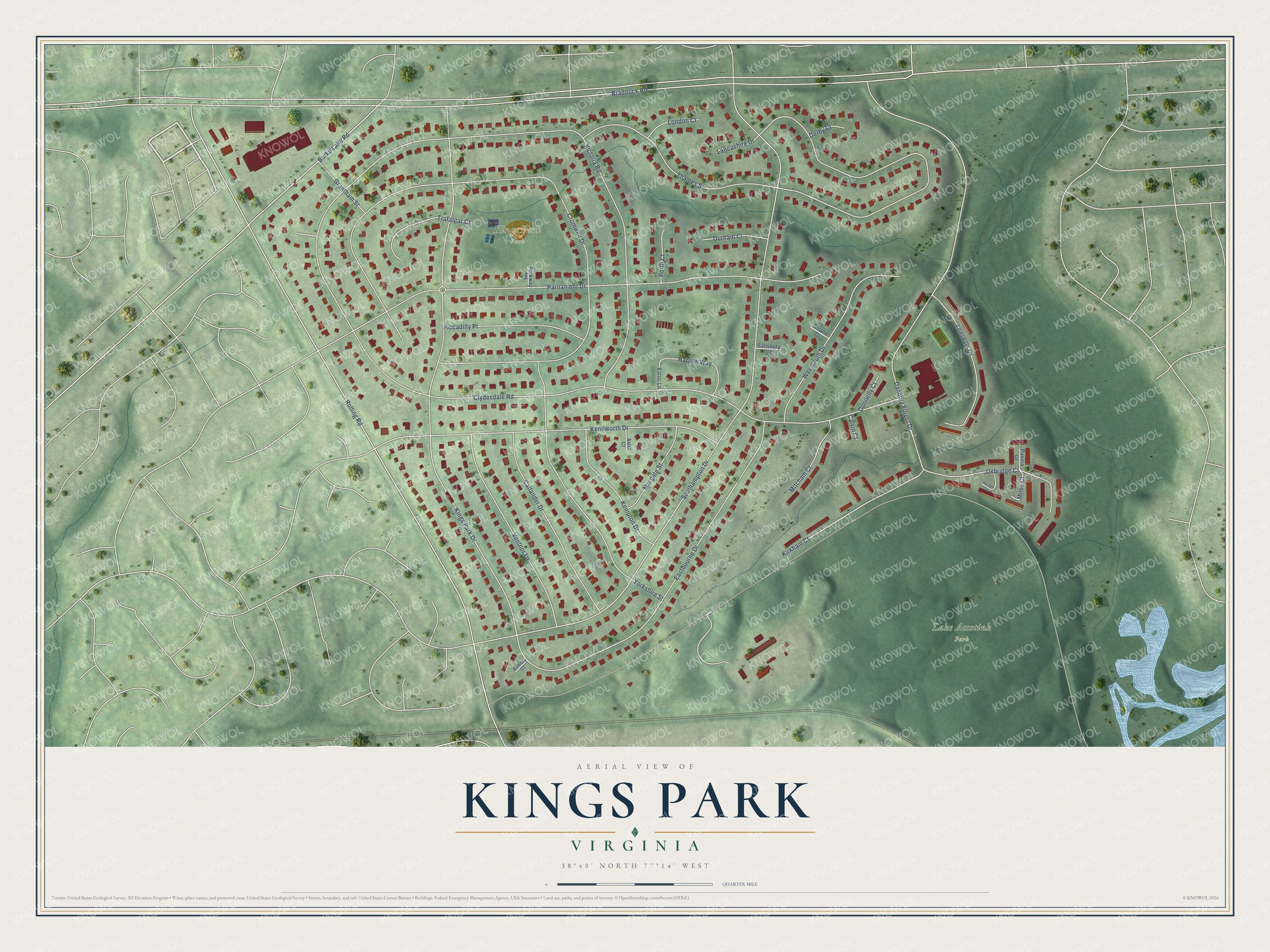 Full map of Kings Park, Virginia, with red buildings, printed street names and the land around them