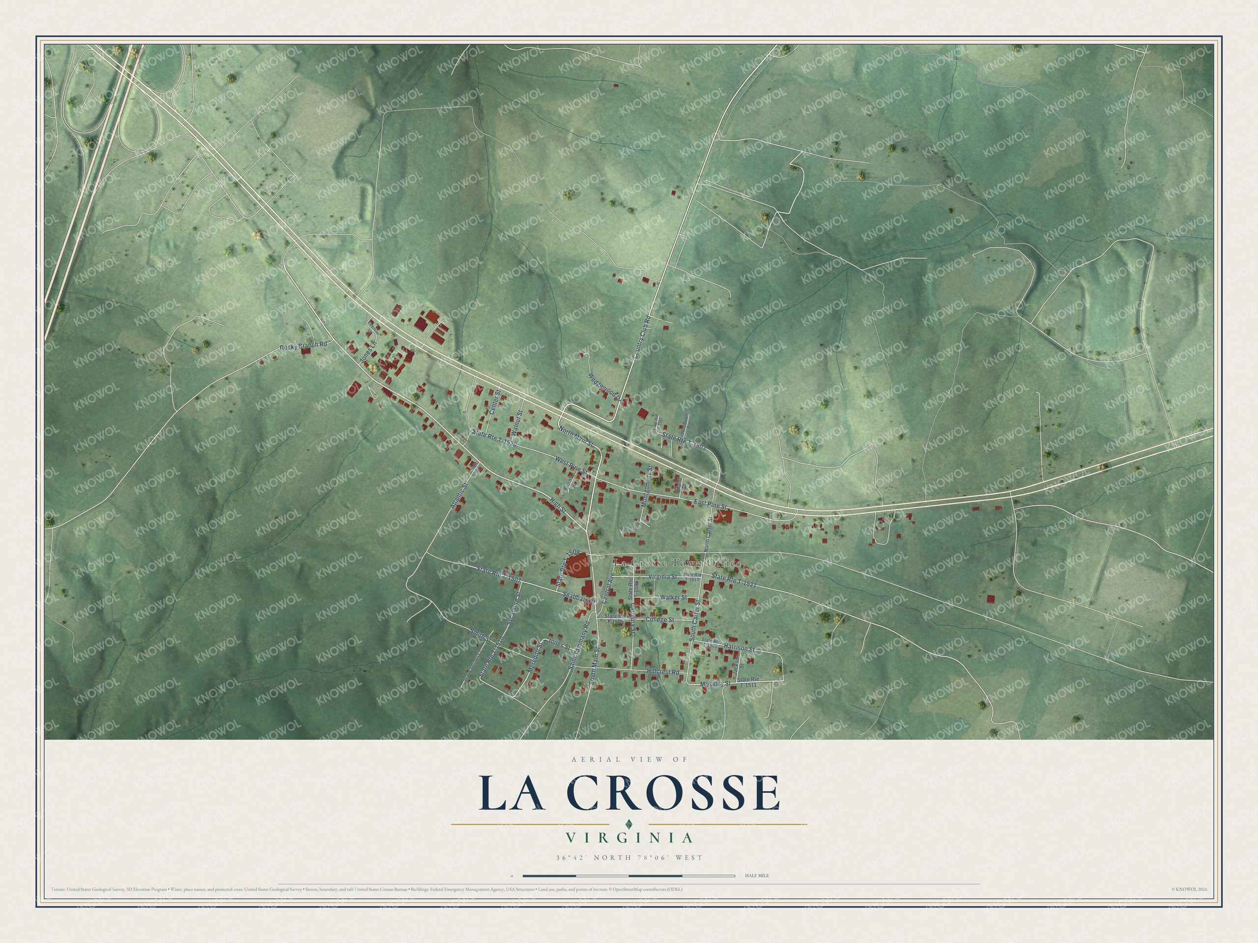 Full map of La Crosse, Virginia, with red buildings, printed street names and the land around them