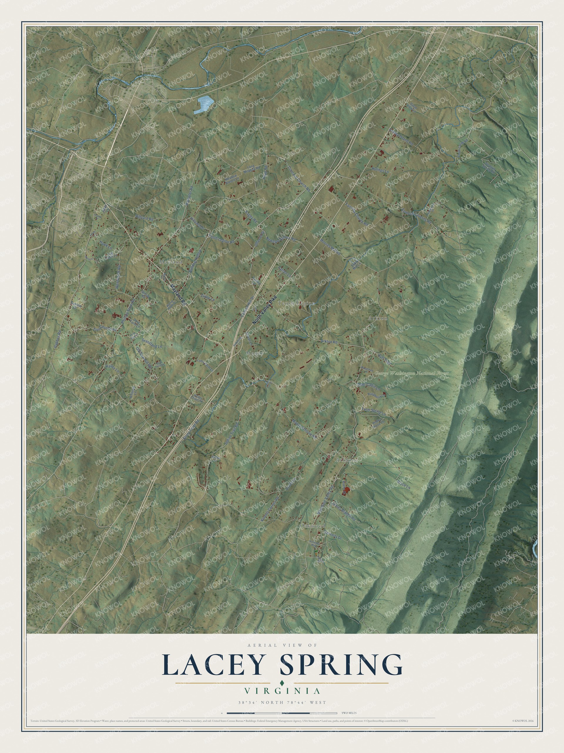 Full map of Lacey Spring, Virginia, with red buildings, printed street names and the land around them