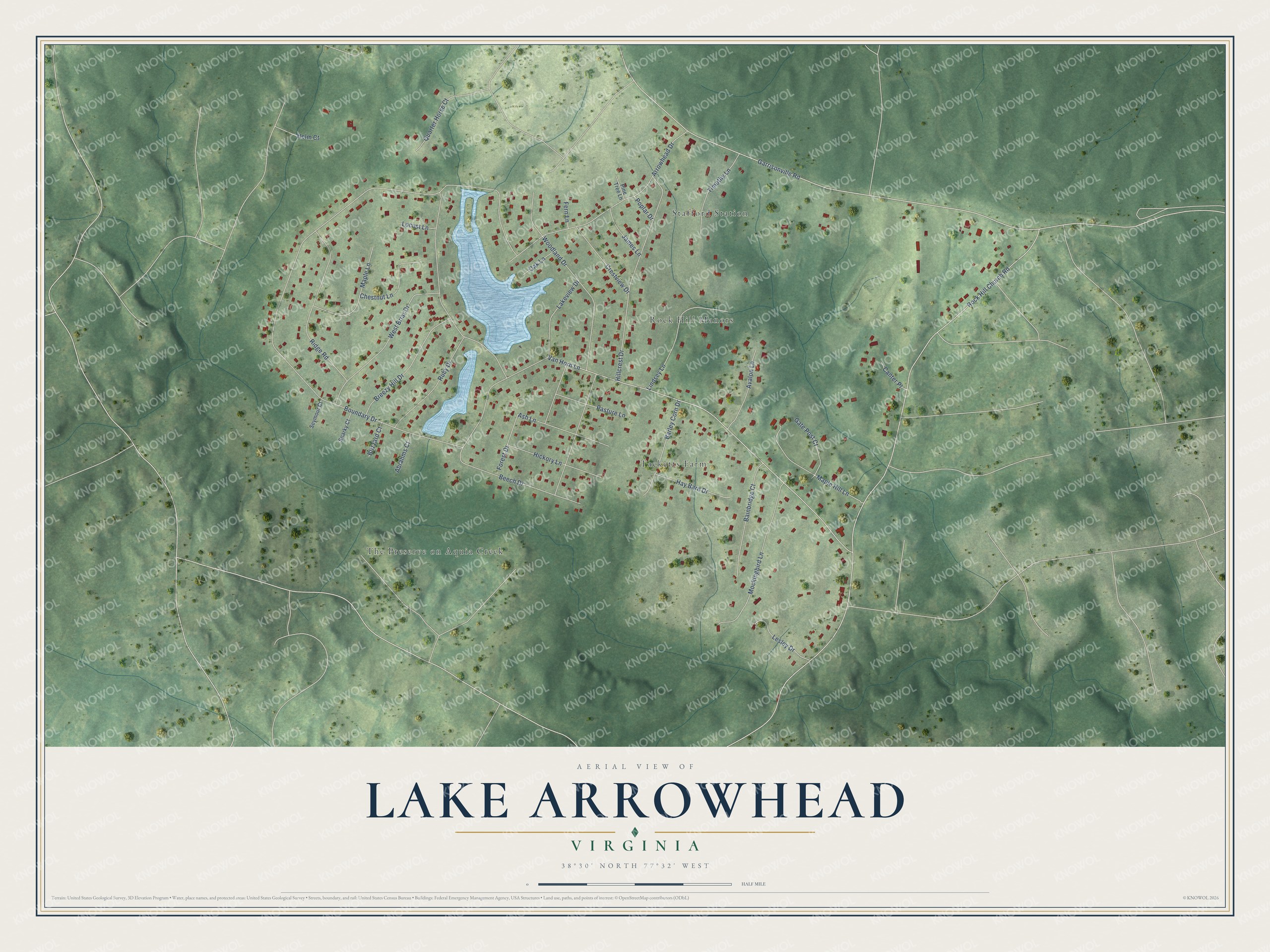 Full map of Lake Arrowhead, Virginia, with red buildings, printed street names and the land around them