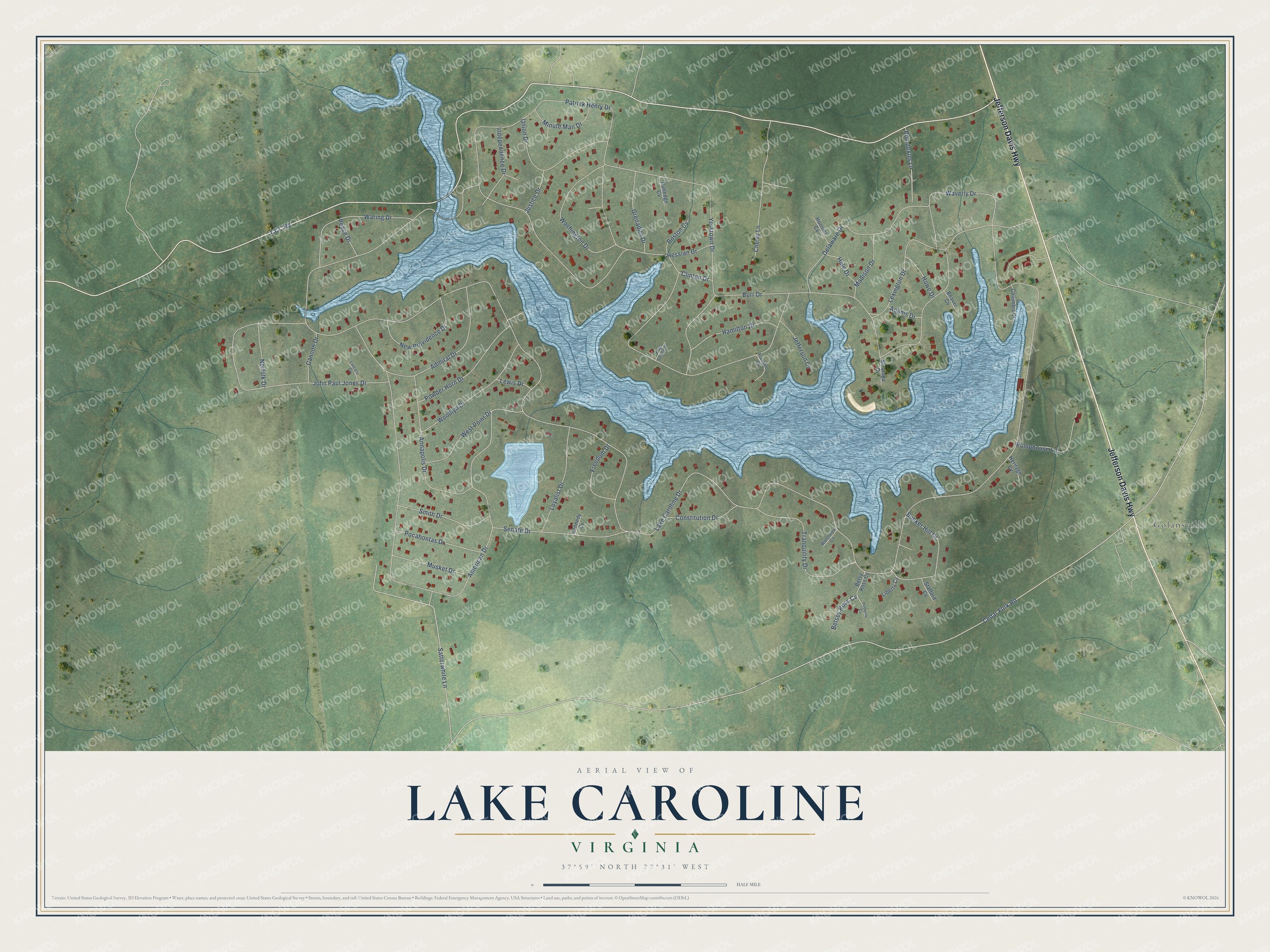 Full map of Lake Caroline, Virginia, with red buildings, printed street names and the land around them