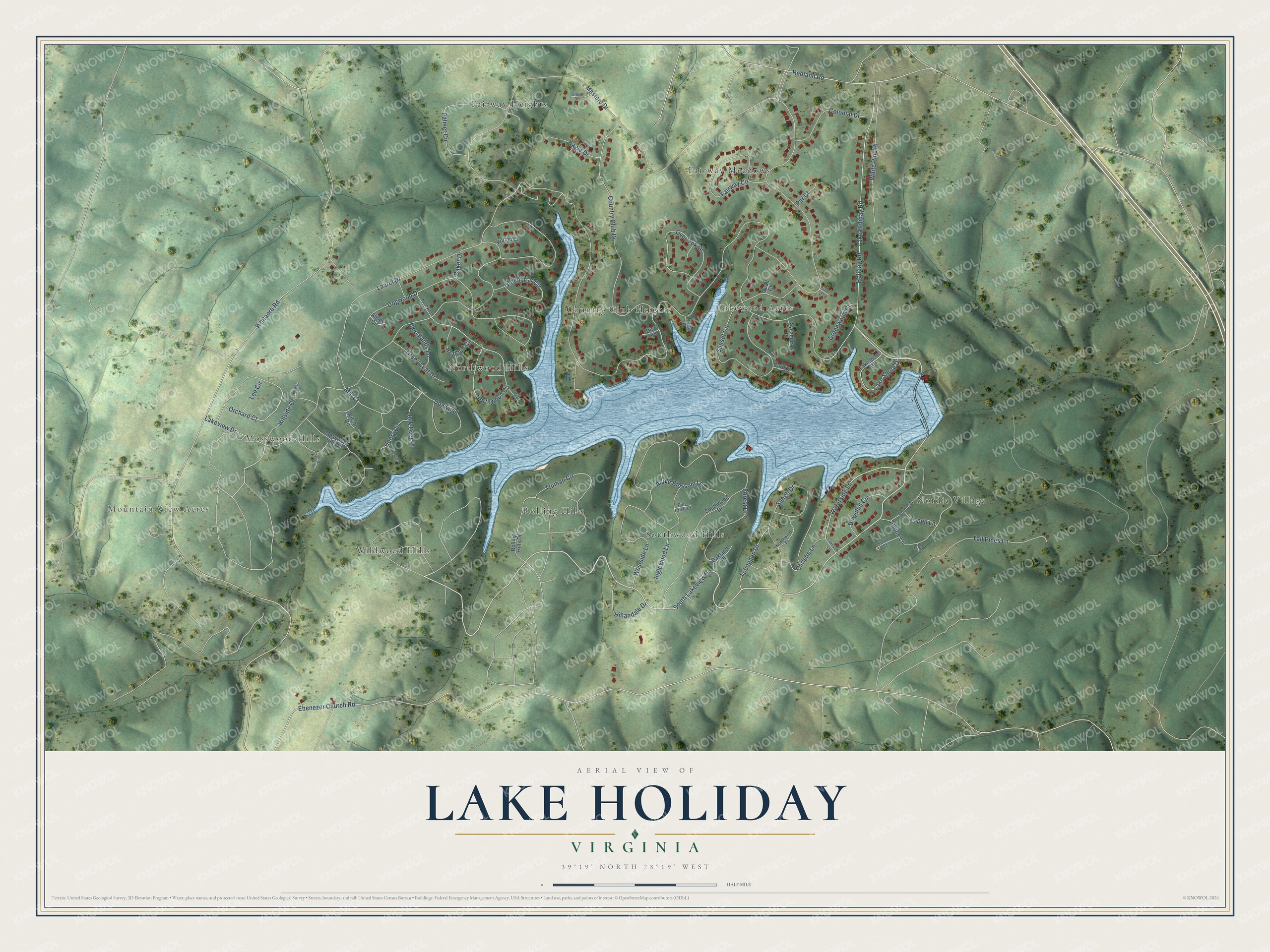 Full map of Lake Holiday, Virginia, with red buildings, printed street names and the land around them