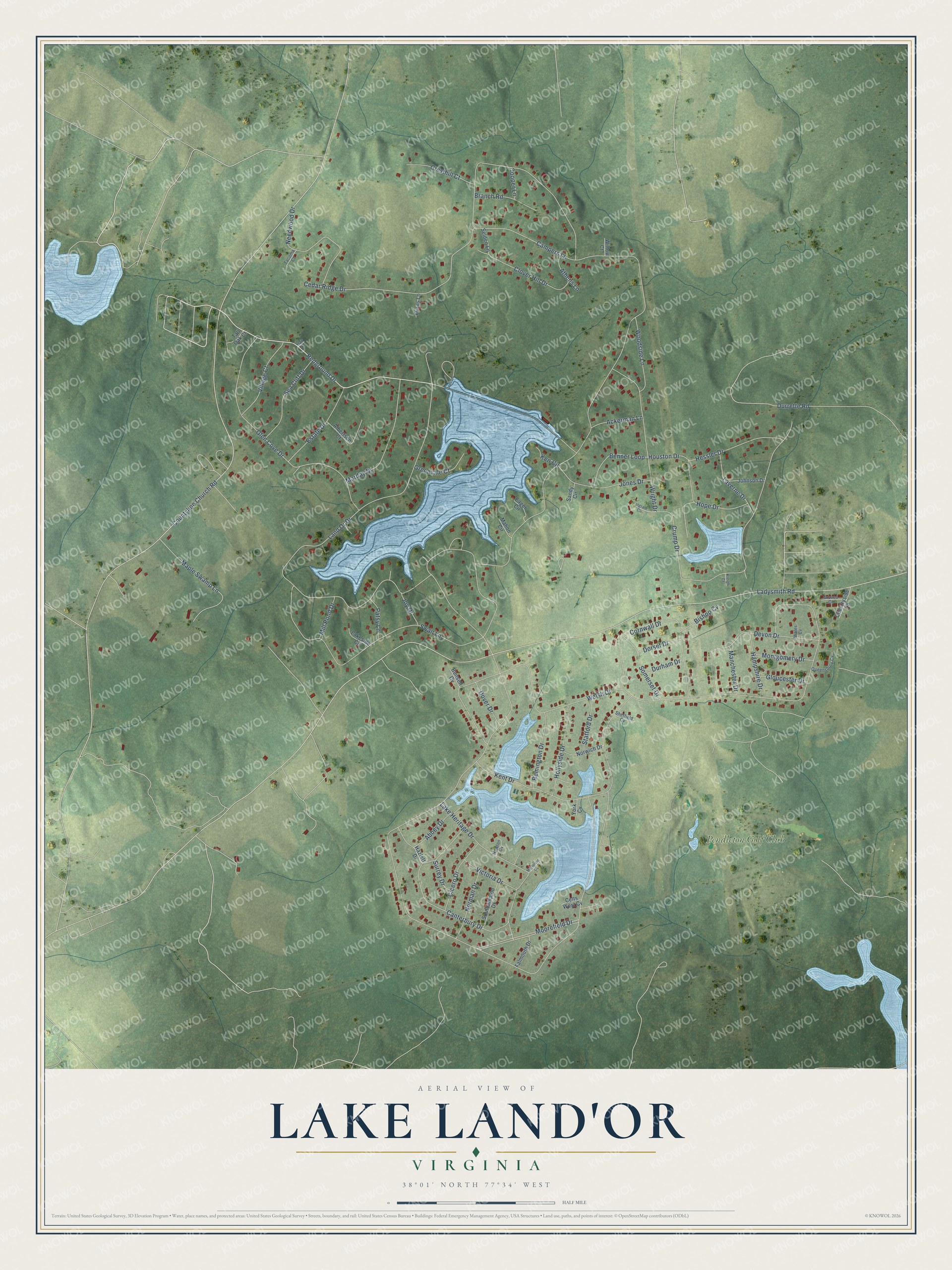 Full map of Lake Land'Or, Virginia, with red buildings, printed street names and the land around them