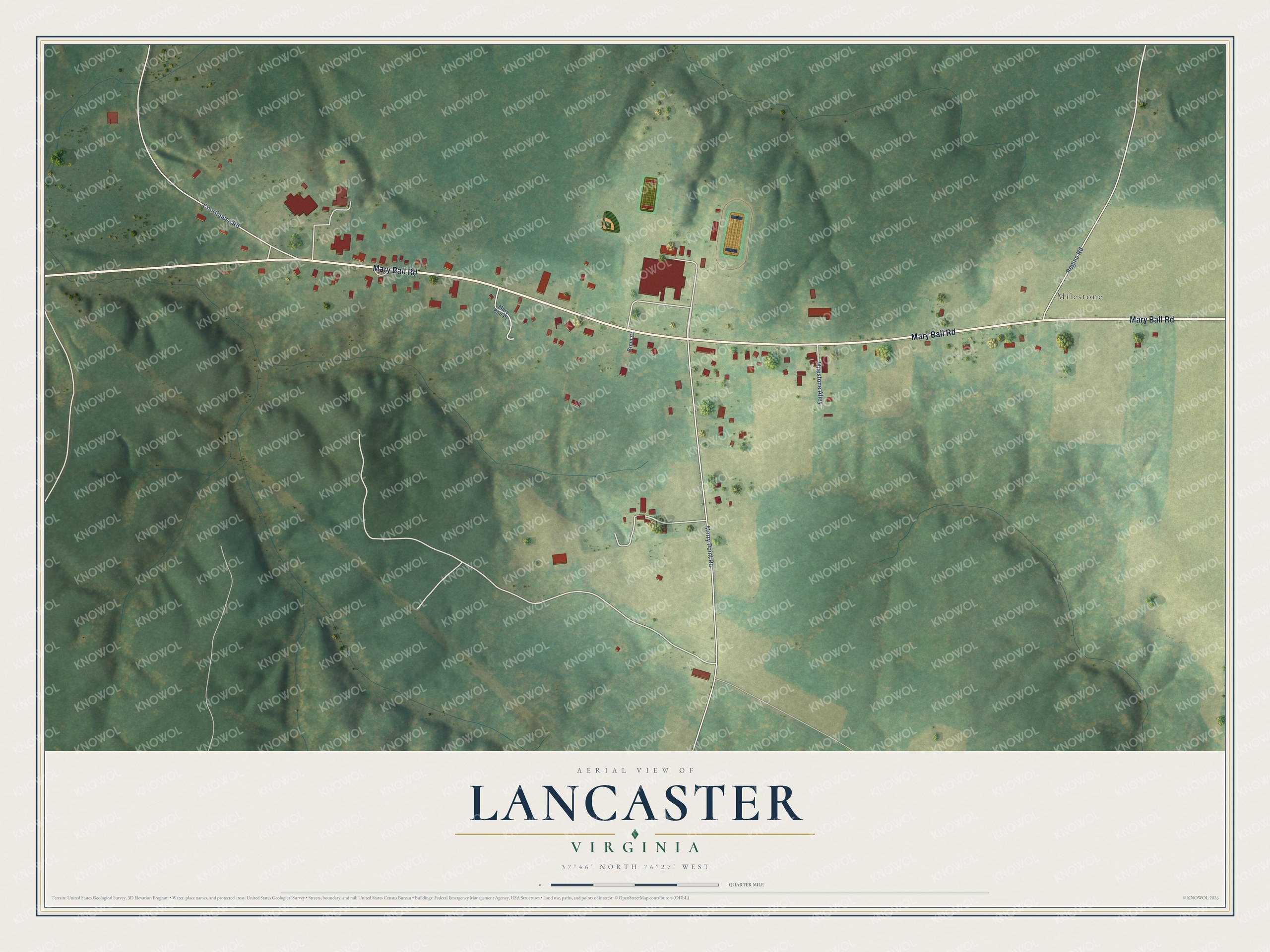 Full map of Lancaster, Virginia, with red buildings, printed street names and the land around them