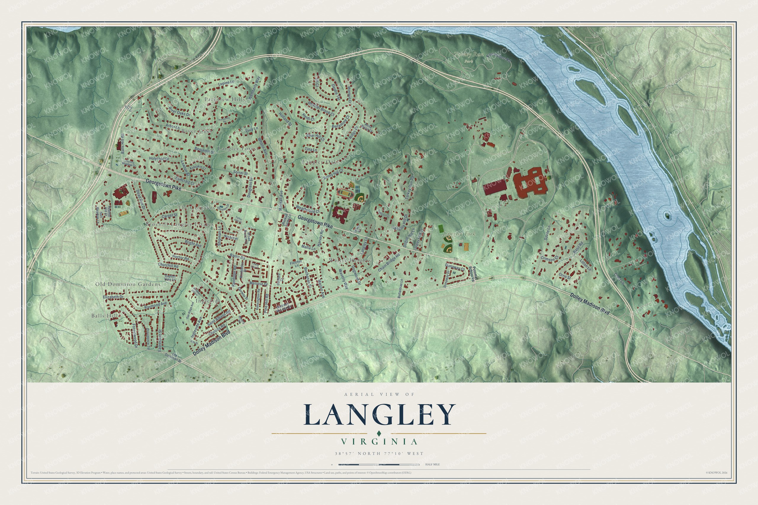 Full map of Langley, Virginia, with red buildings, printed street names and the land around them