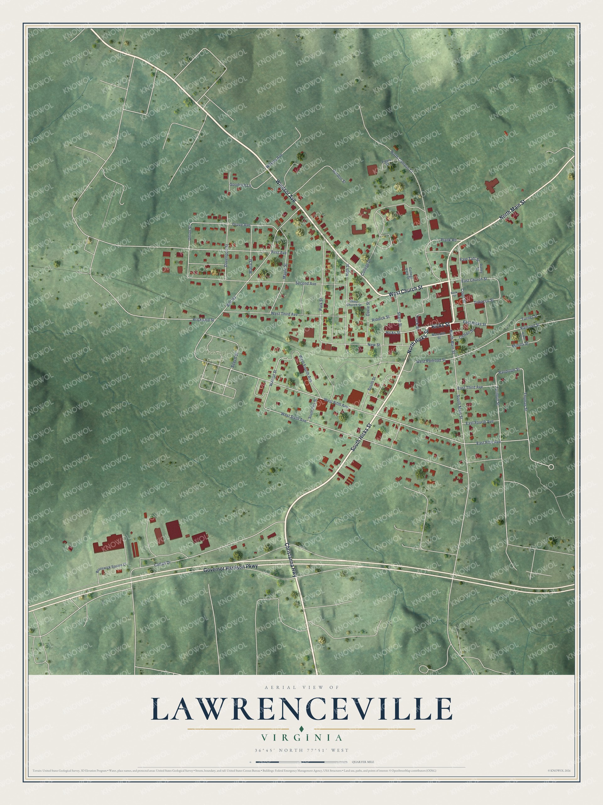 Full map of Lawrenceville, Virginia, with red buildings, printed street names and the land around them