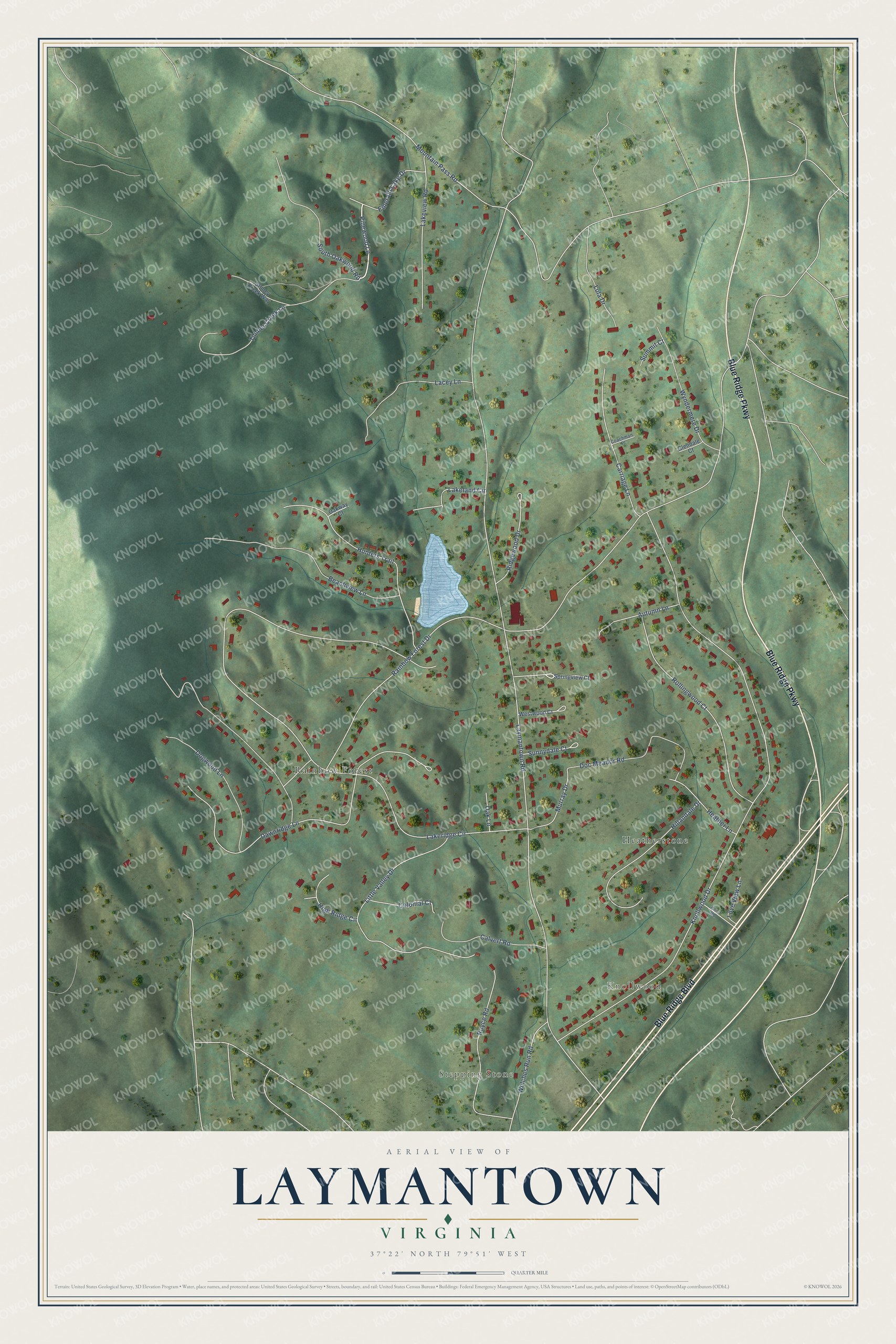 Full map of Laymantown, Virginia, with red buildings, printed street names and the land around them