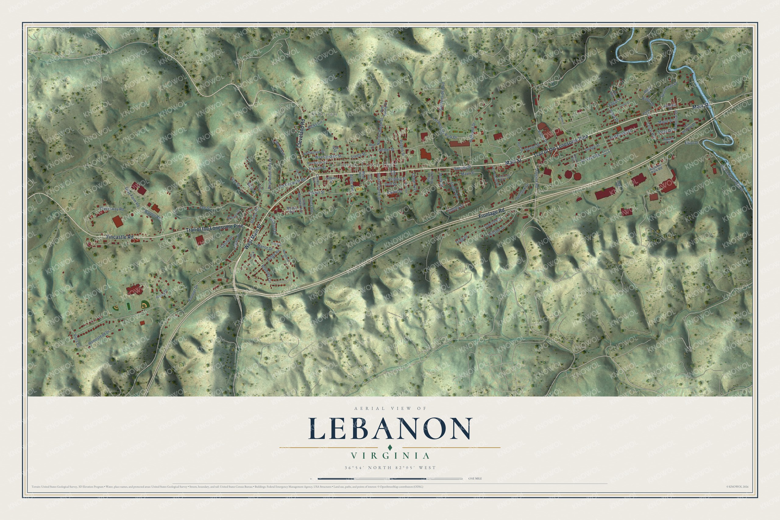 Full map of Lebanon, Virginia, with red buildings, printed street names and the land around them