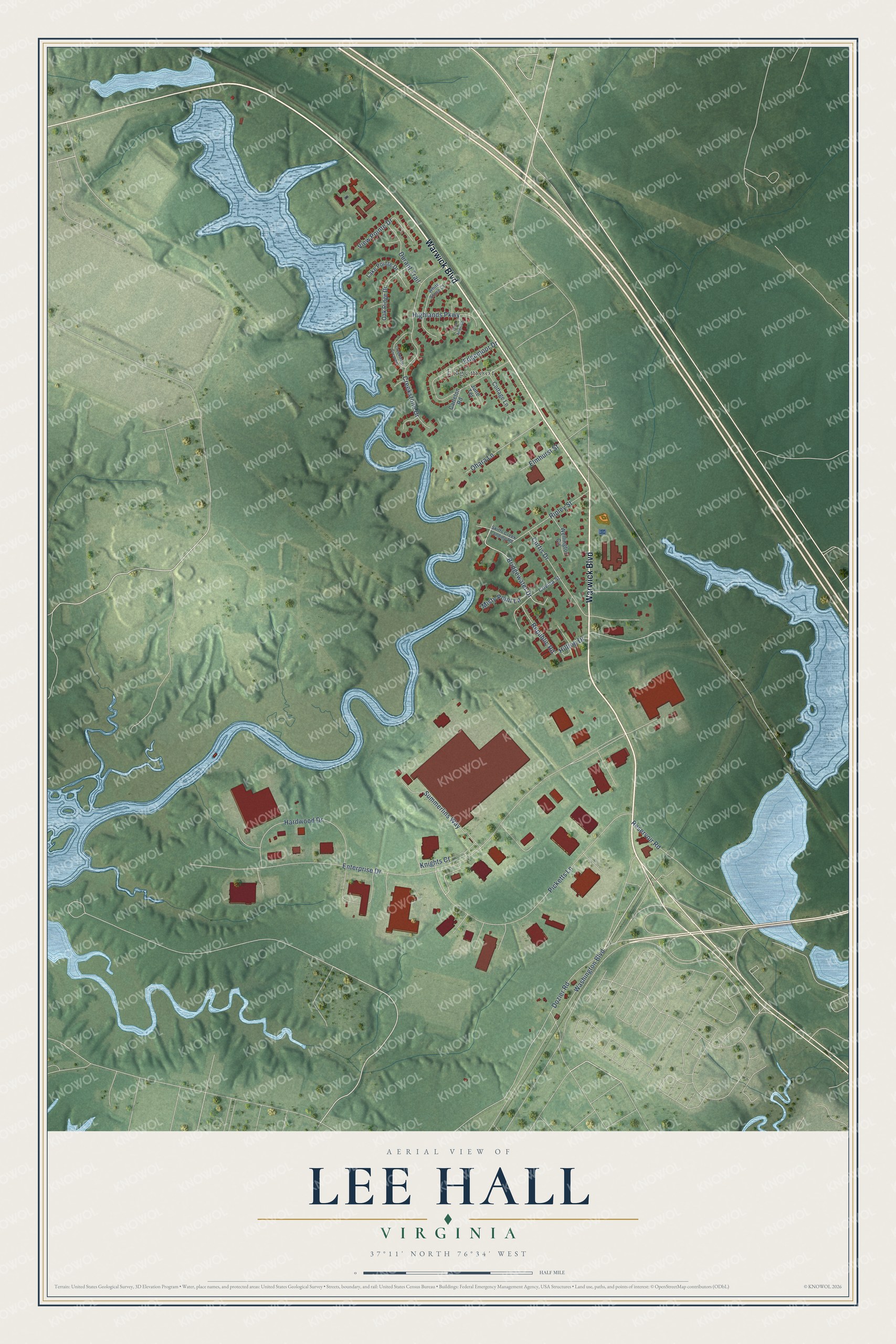 Full map of Lee Hall, Virginia, with red buildings, printed street names and the land around them