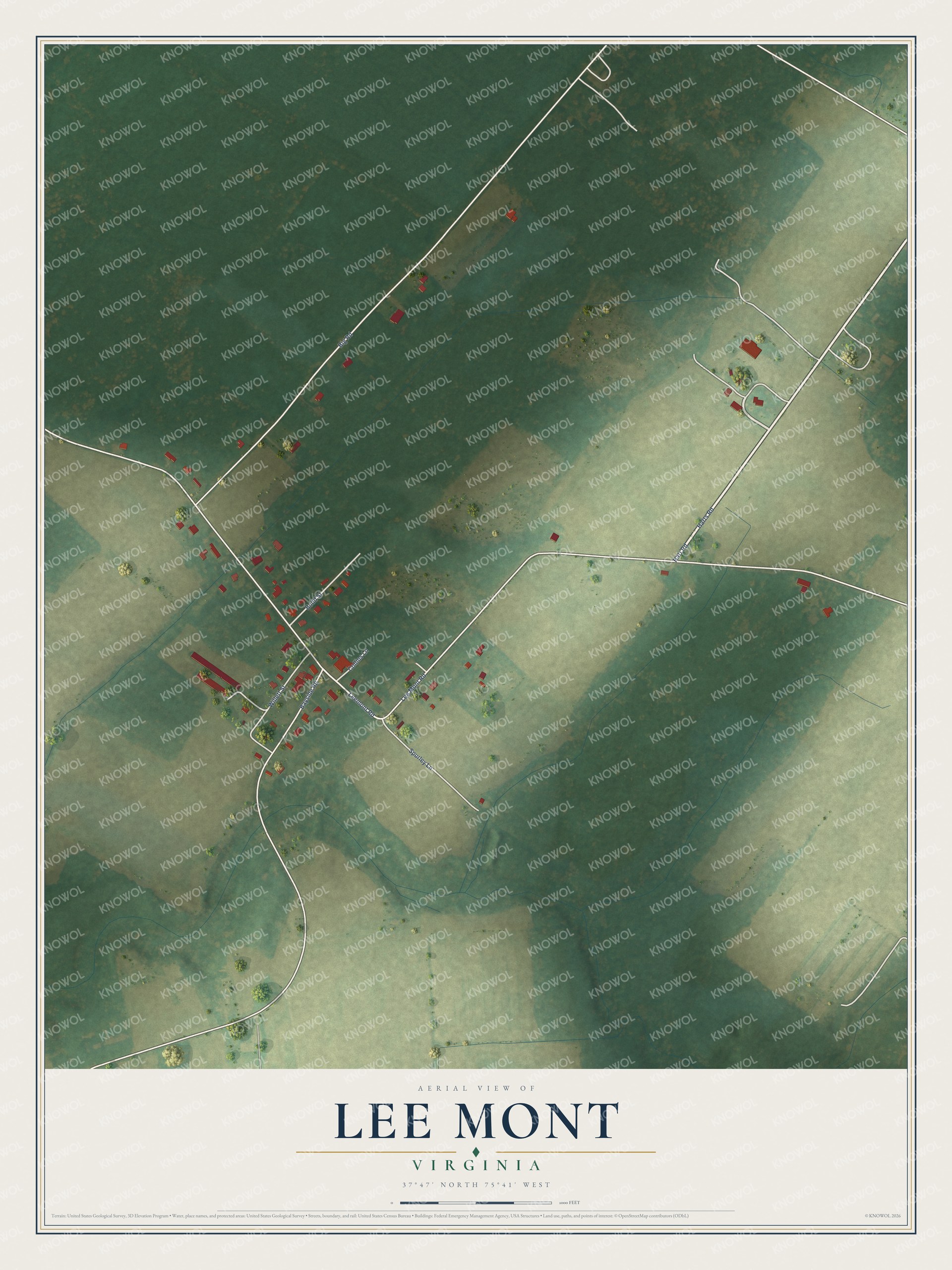 Full map of Lee Mont, Virginia, with red buildings, printed street names and the land around them