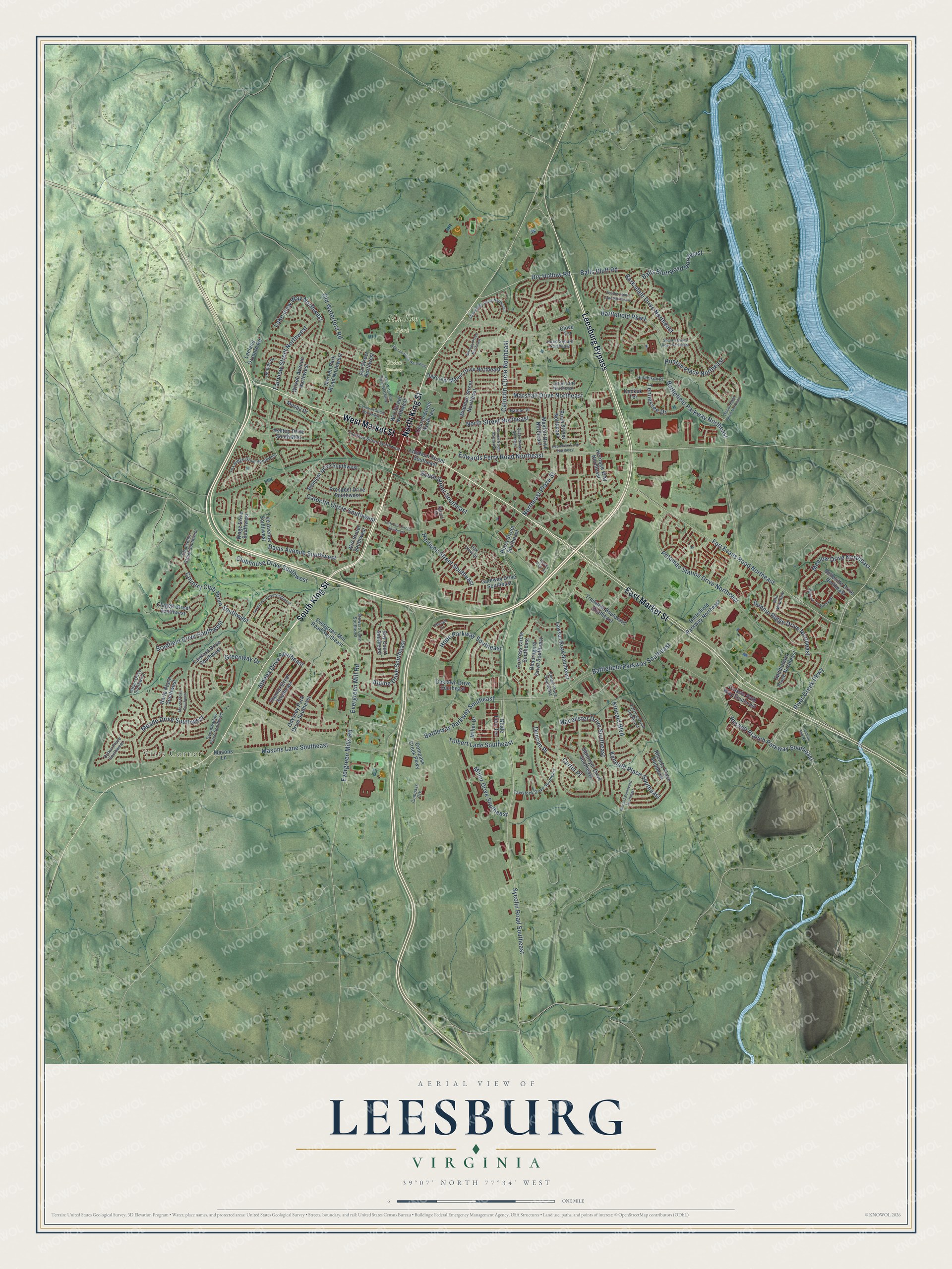Full map of Leesburg, Virginia, with red buildings, printed street names and the land around them