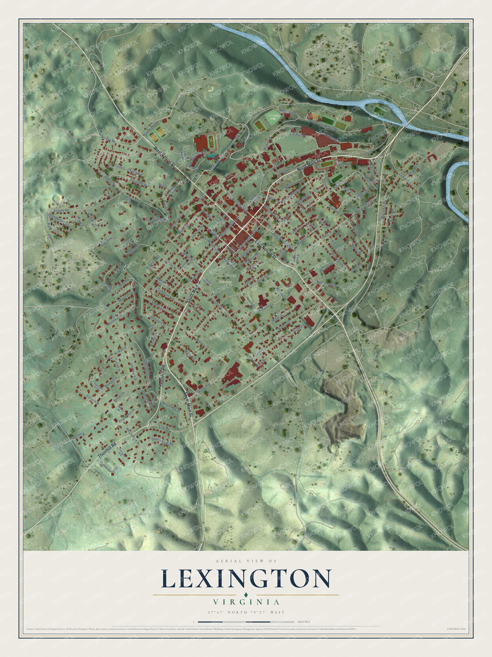Full map of Lexington, Virginia, with red buildings, printed street names and the land around them