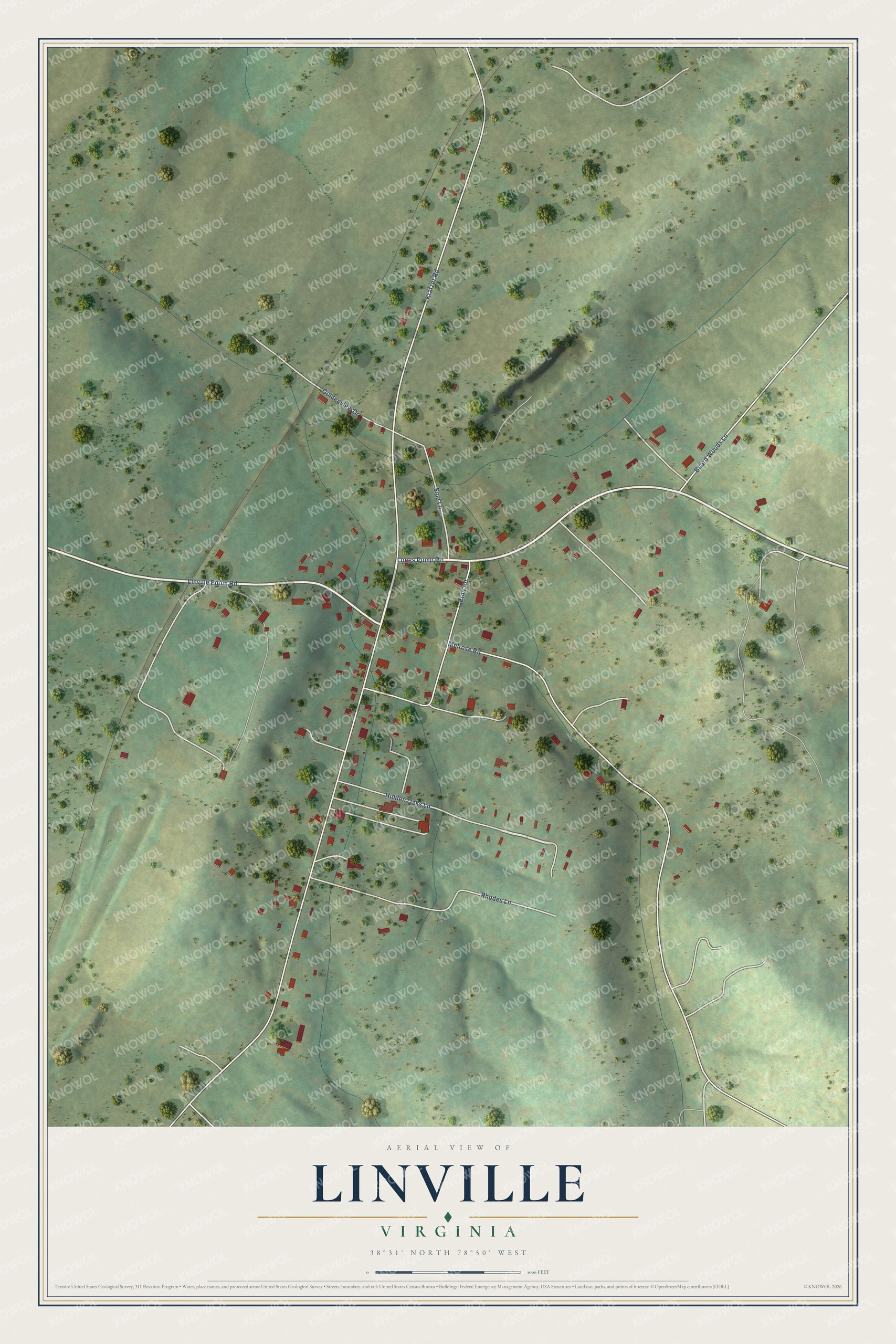 Full map of Linville, Virginia, with red buildings, printed street names and the land around them