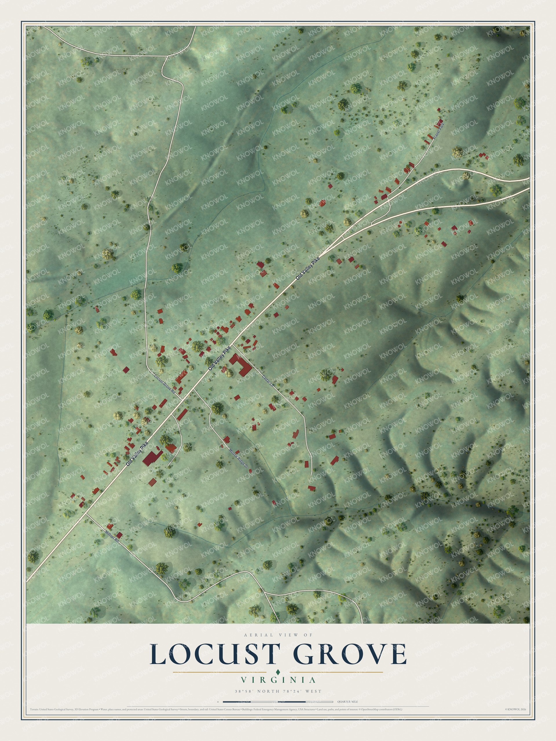 Full map of Locust Grove, Virginia, with red buildings, printed street names and the land around them