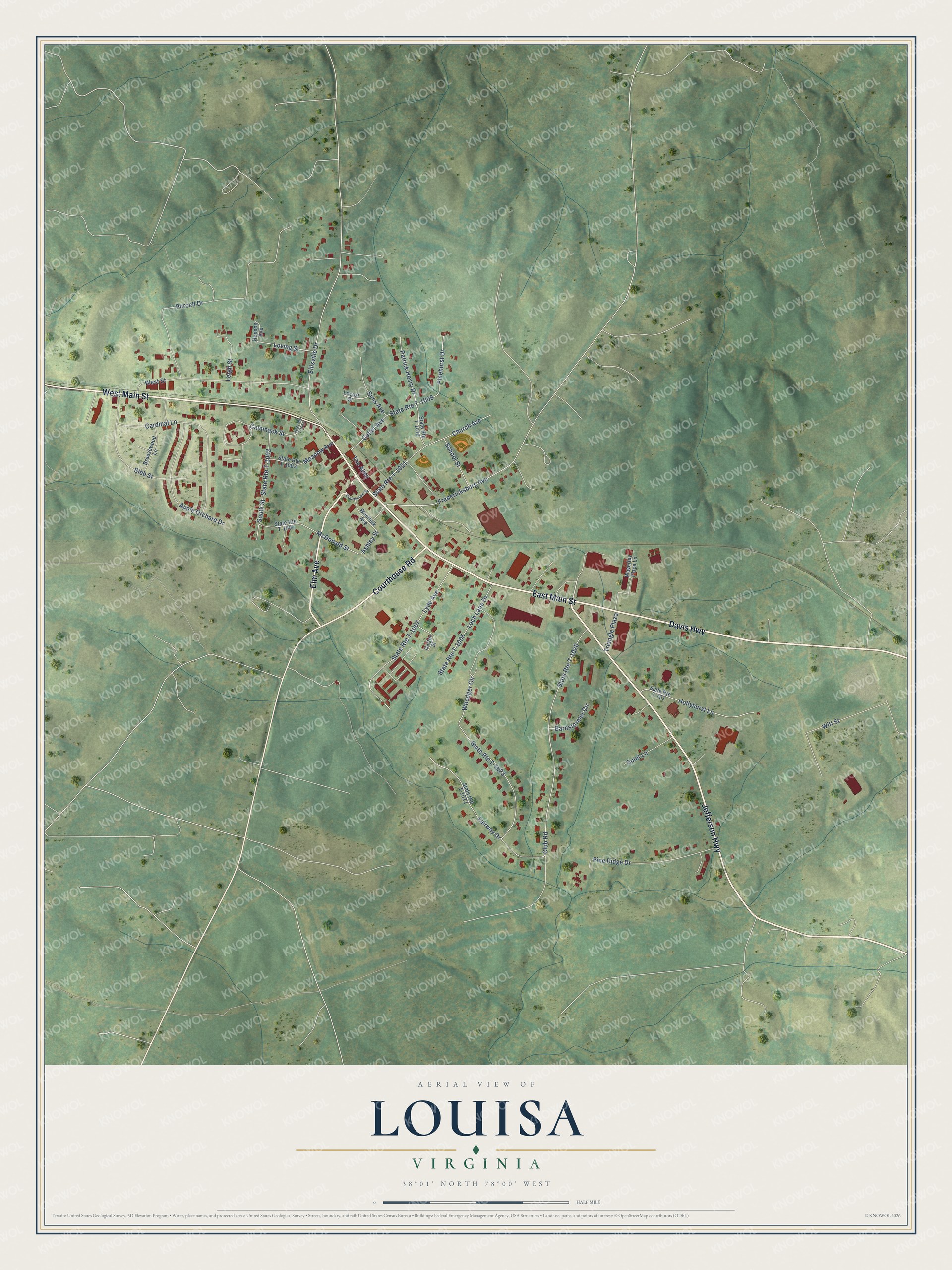 Full map of Louisa, Virginia, with red buildings, printed street names and the land around them