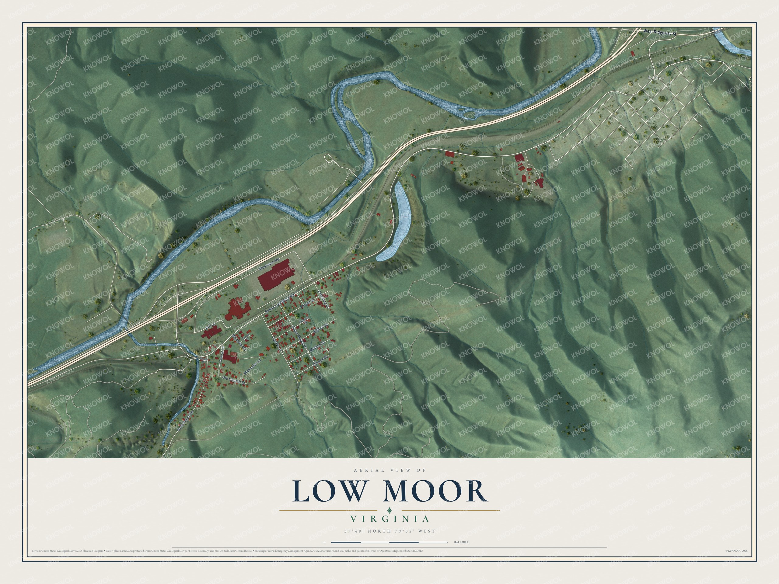 Full map of Low Moor, Virginia, with red buildings, printed street names and the land around them