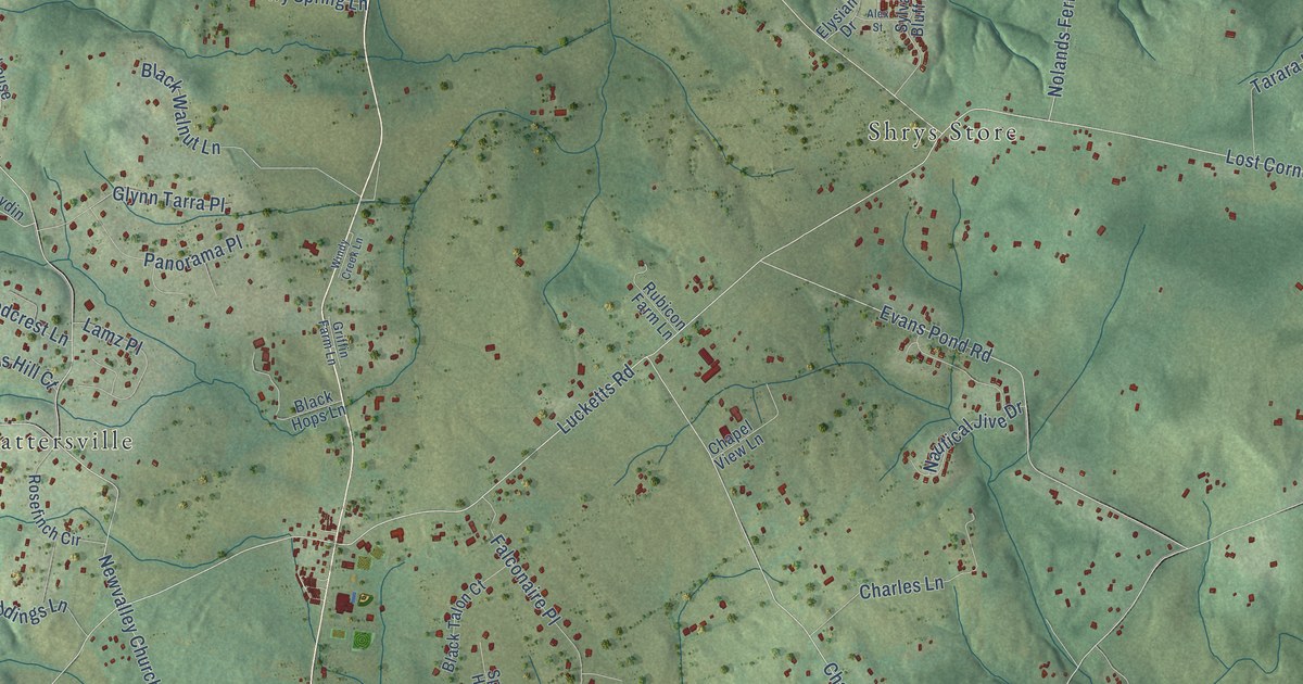 Close-up of streets and buildings in Lucketts, Virginia