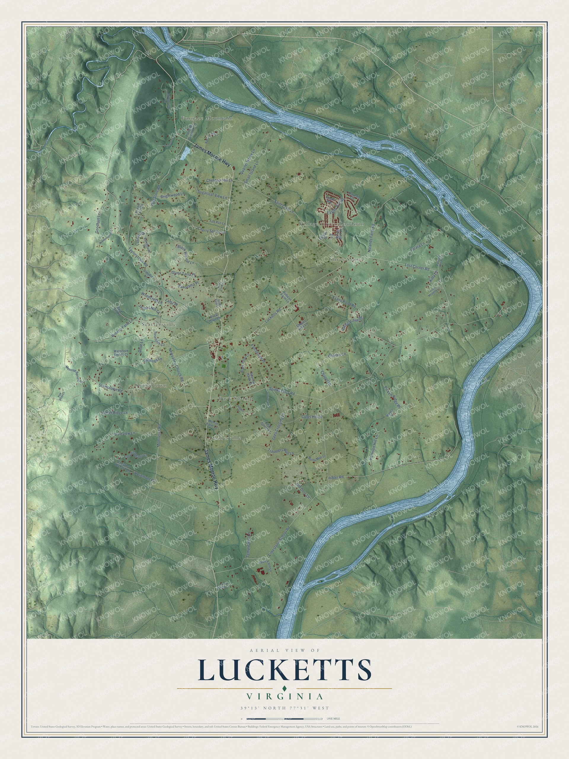 Full map of Lucketts, Virginia, with red buildings, printed street names and the land around them