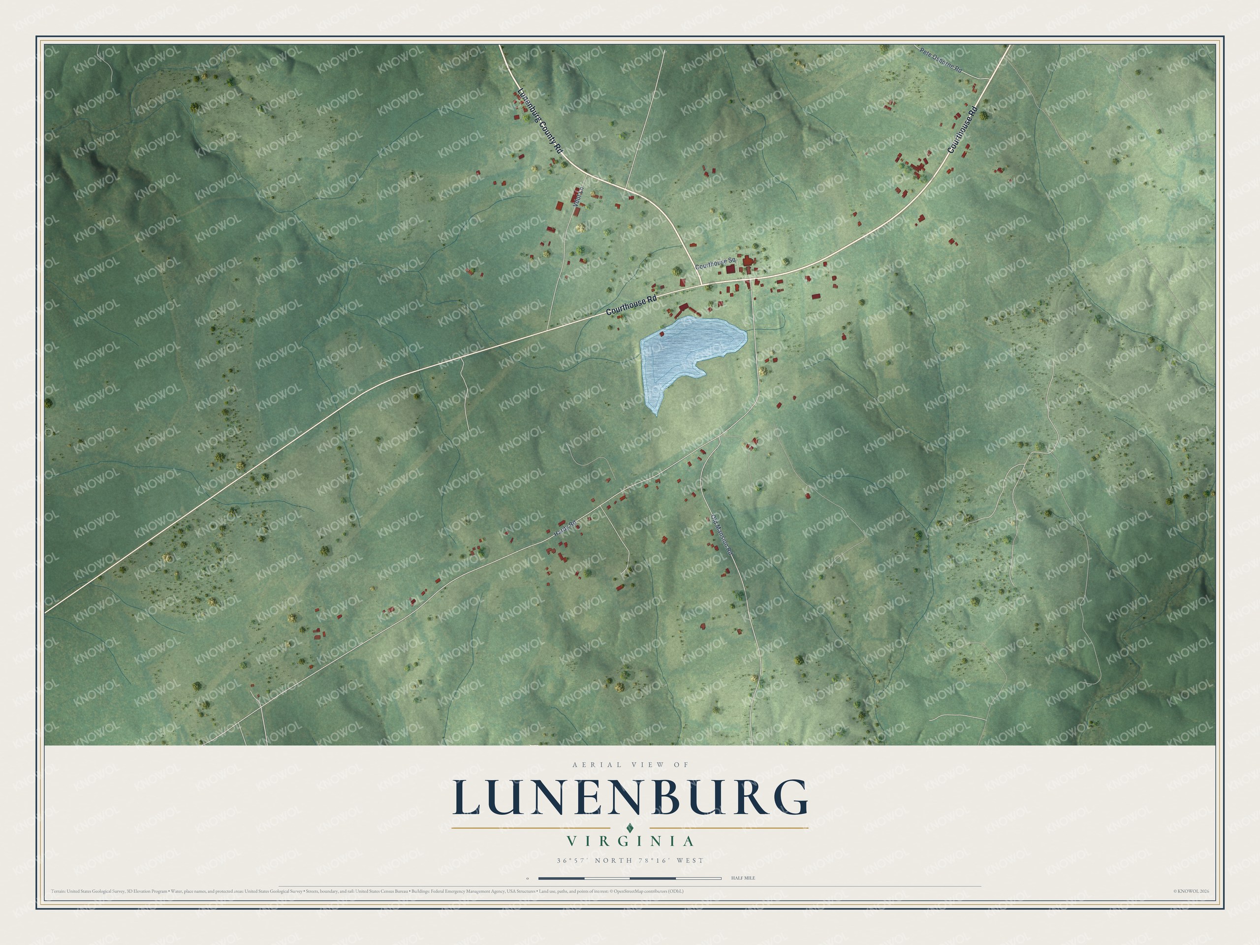 Full map of Lunenburg, Virginia, with red buildings, printed street names and the land around them
