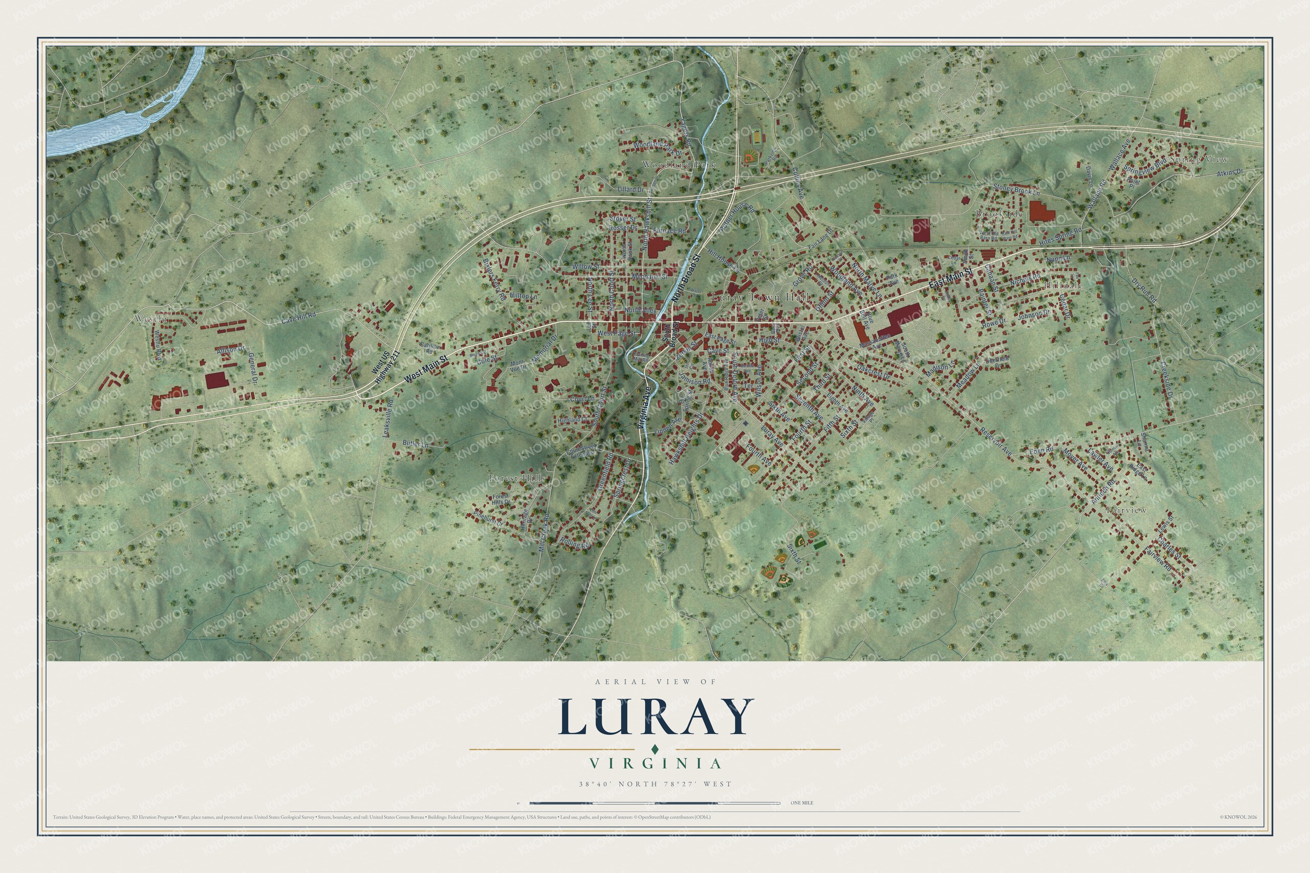 Full map of Luray, Virginia, with red buildings, printed street names and the land around them