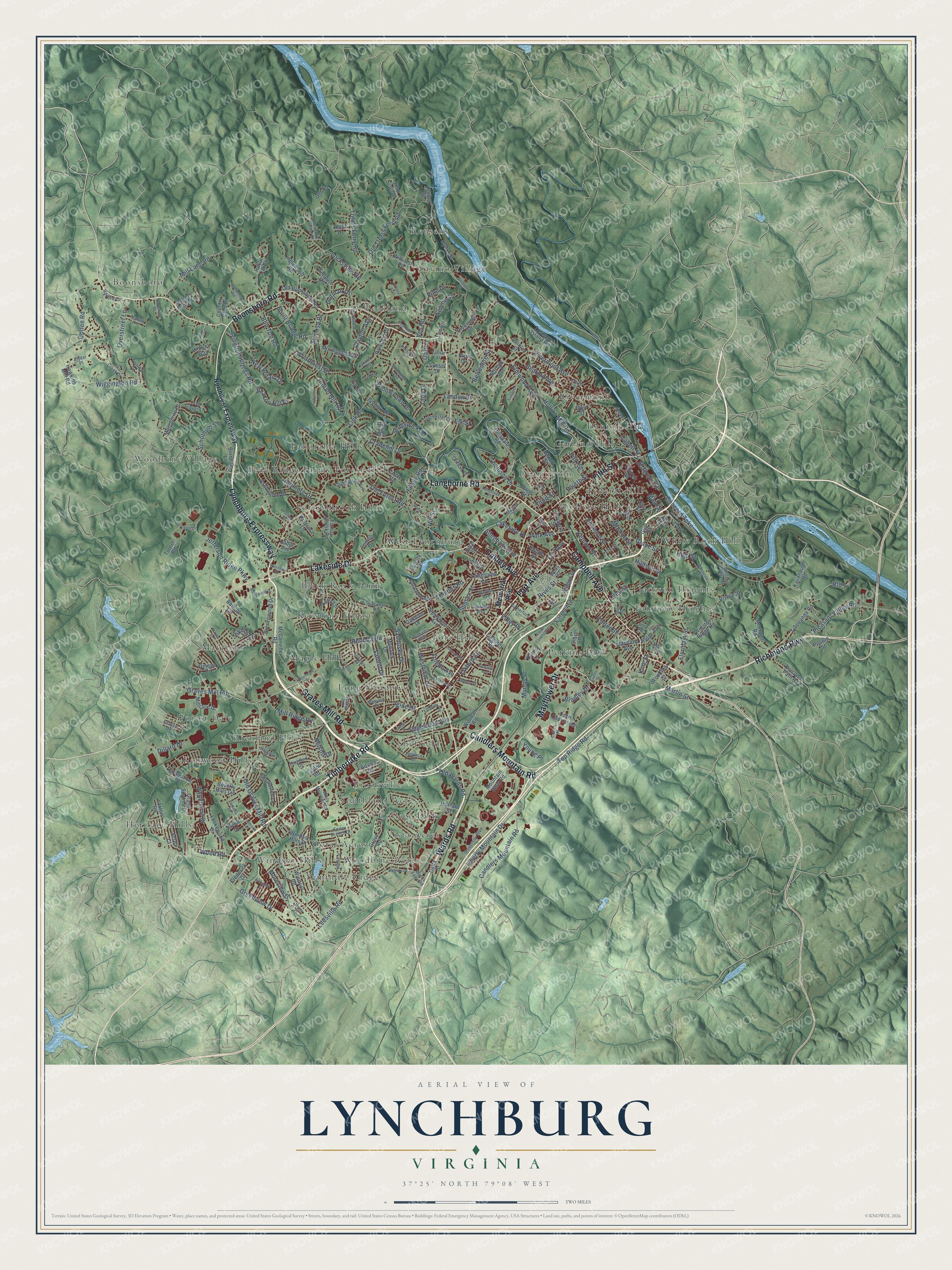Full map of Lynchburg, Virginia, with red buildings, printed street names and the land around them