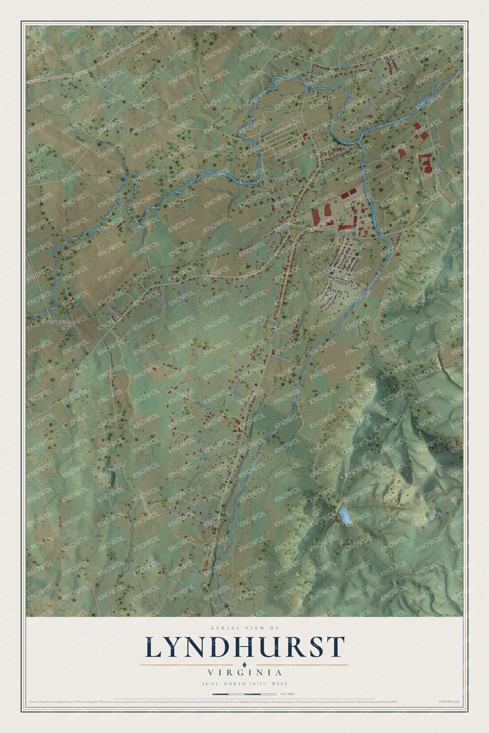 Full map of Lyndhurst, Virginia, with red buildings, printed street names and the land around them