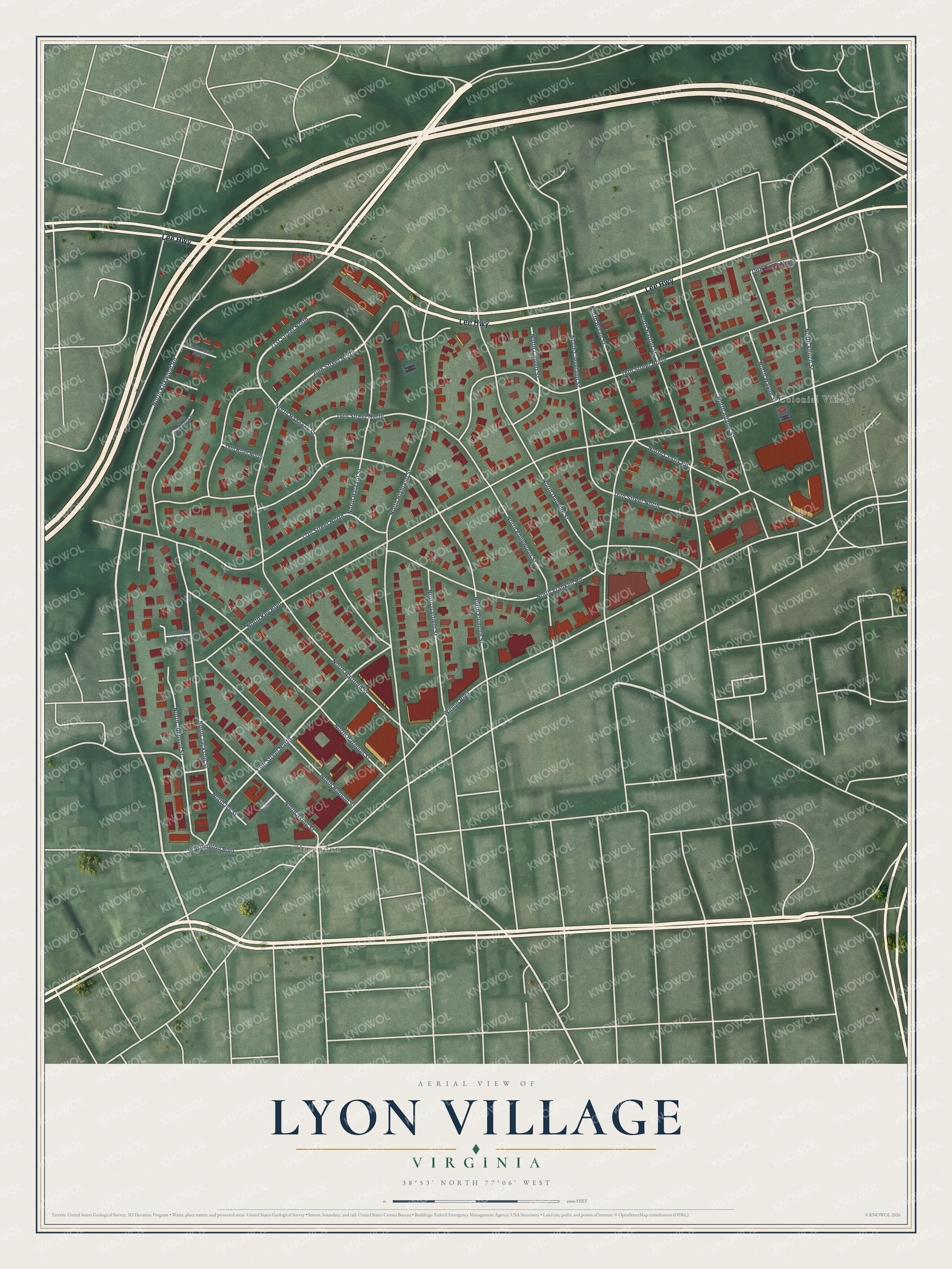 Full map of Lyon Village, Virginia, with red buildings, printed street names and the land around them