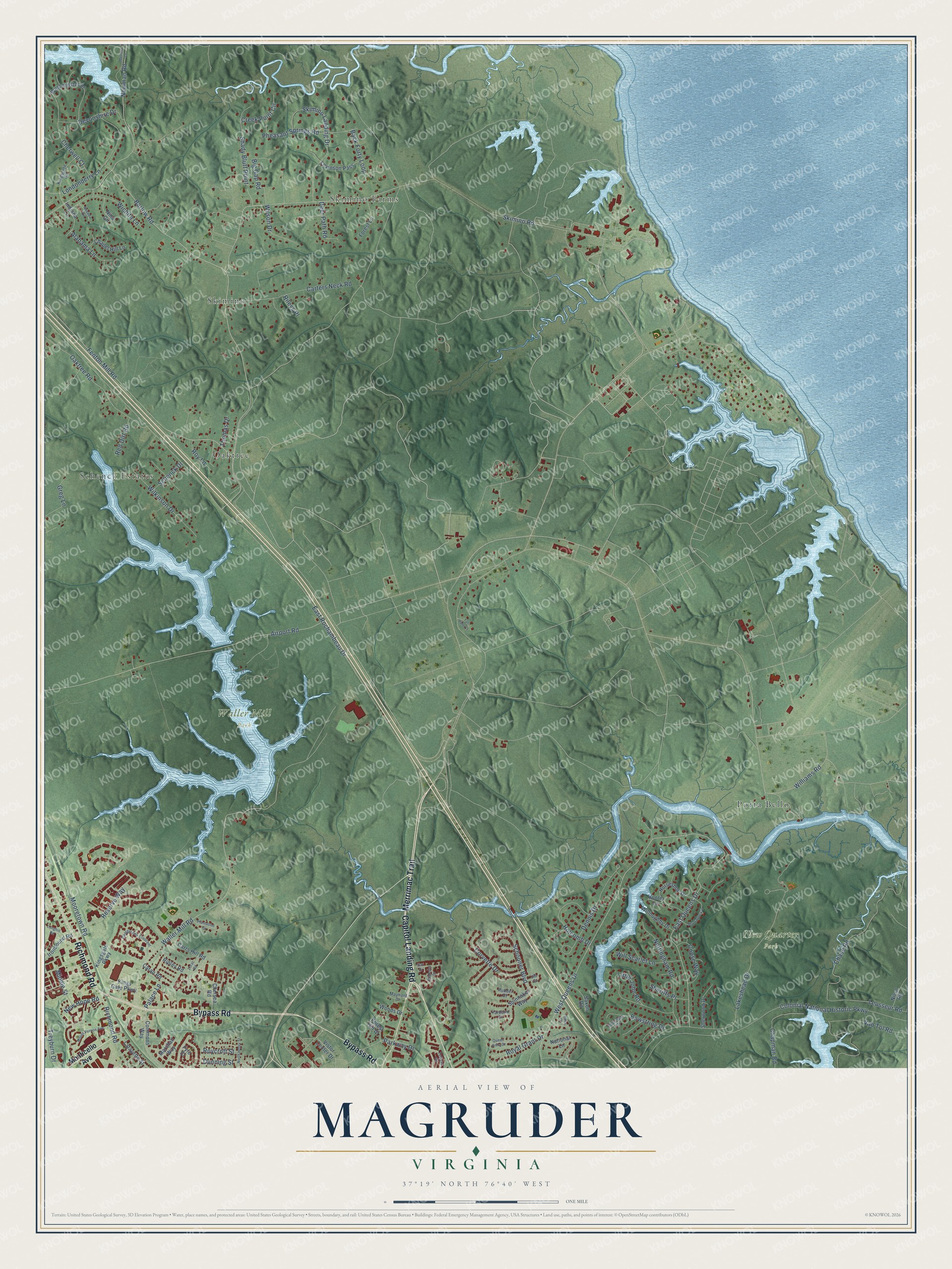 Full map of Magruder, Virginia, with red buildings, printed street names and the land around them