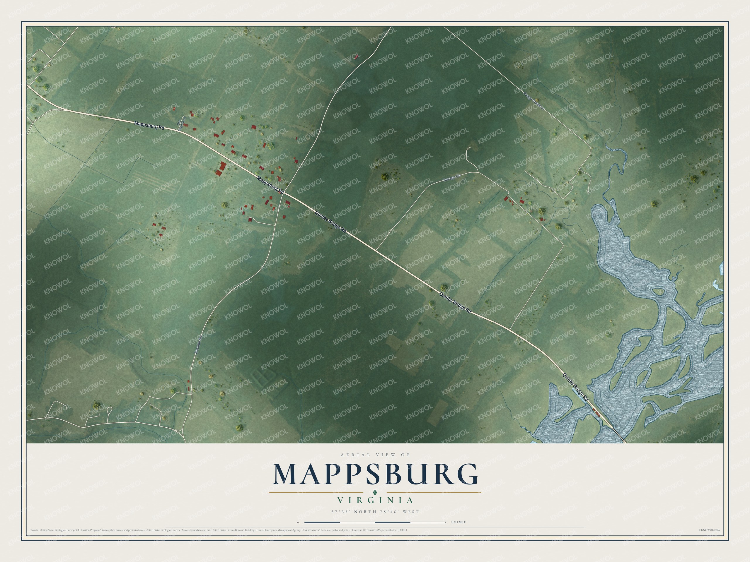 Full map of Mappsburg, Virginia, with red buildings, printed street names and the land around them