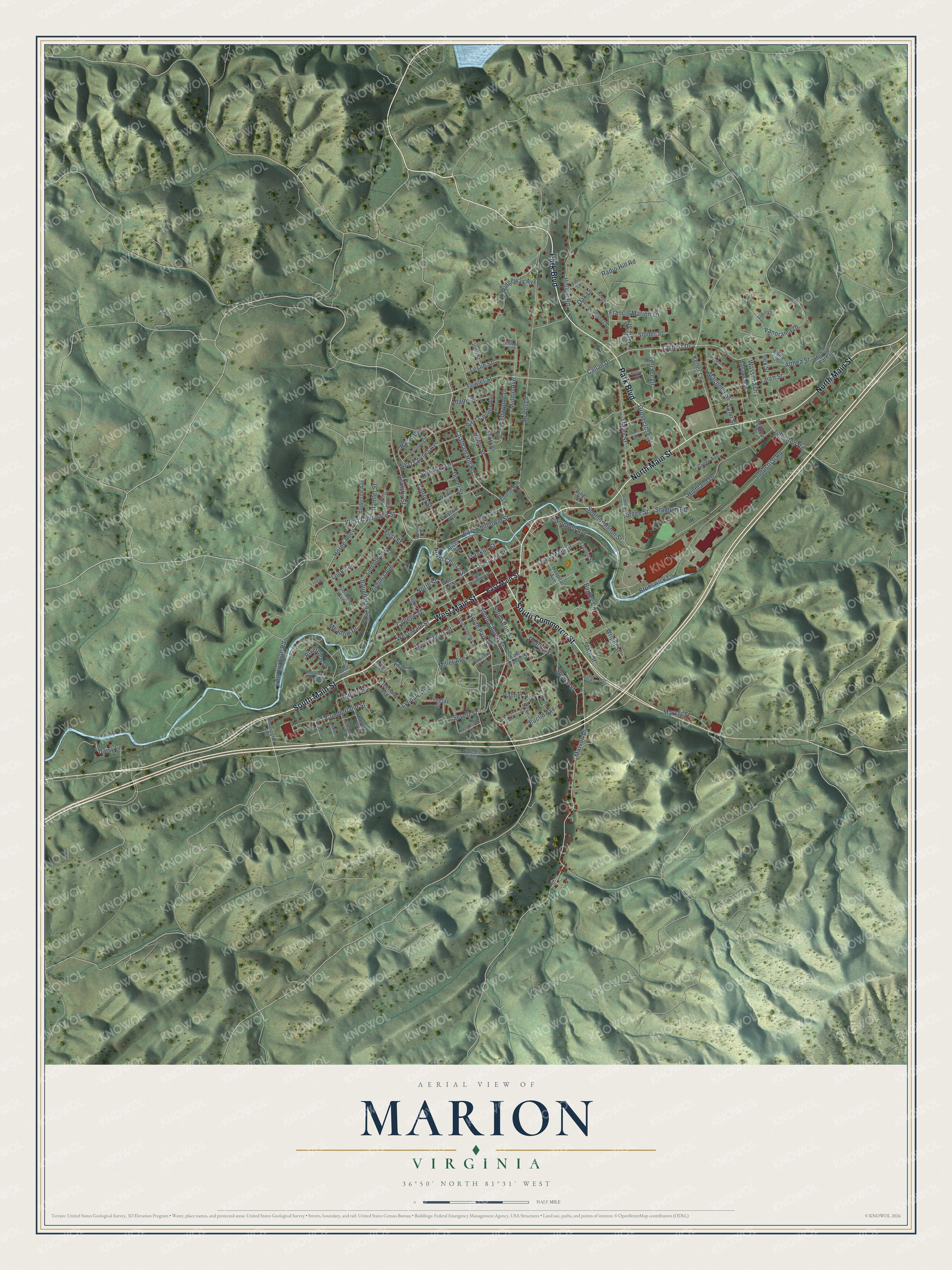 Full map of Marion, Virginia, with red buildings, printed street names and the land around them