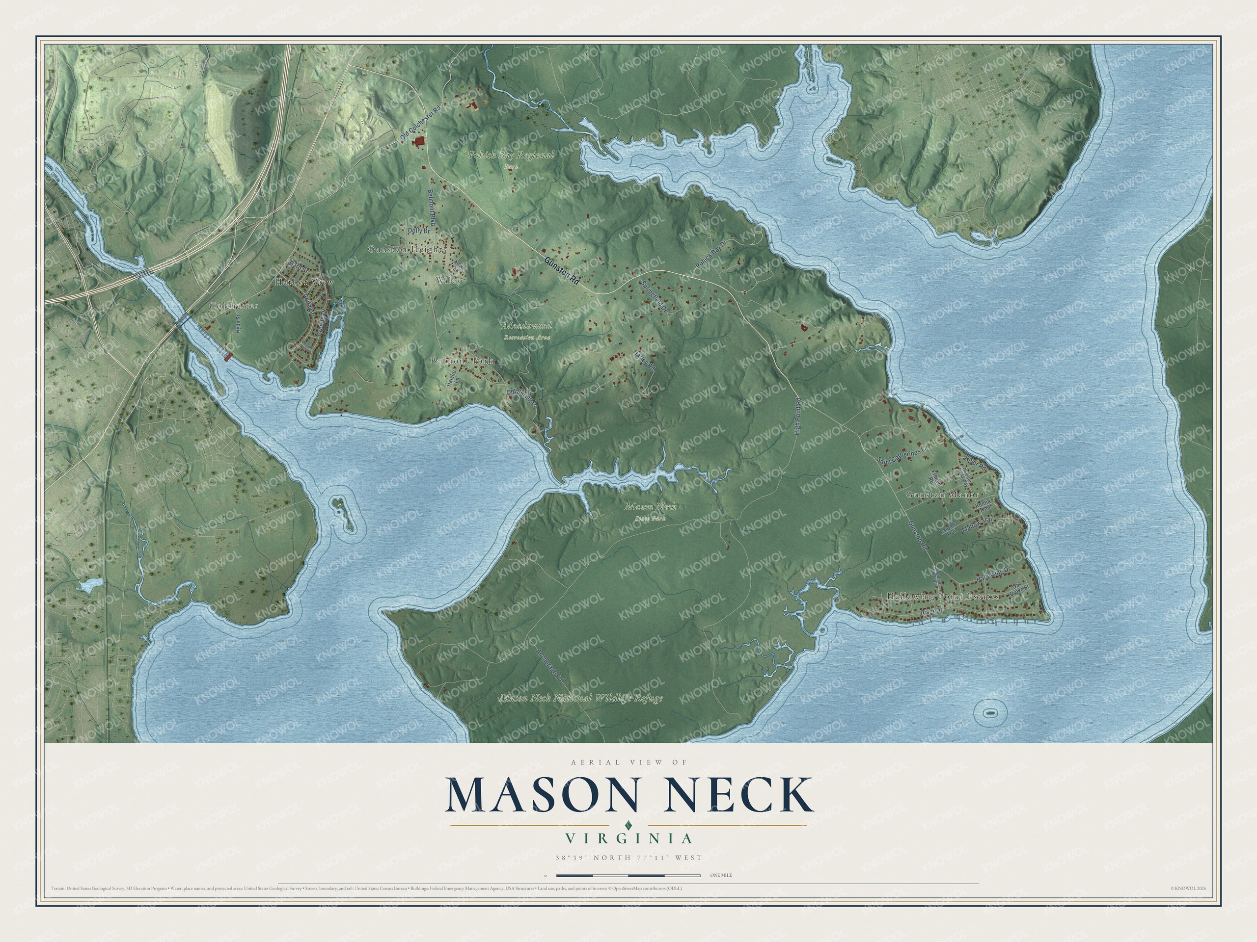 Full map of Mason Neck, Virginia, with red buildings, printed street names and the land around them