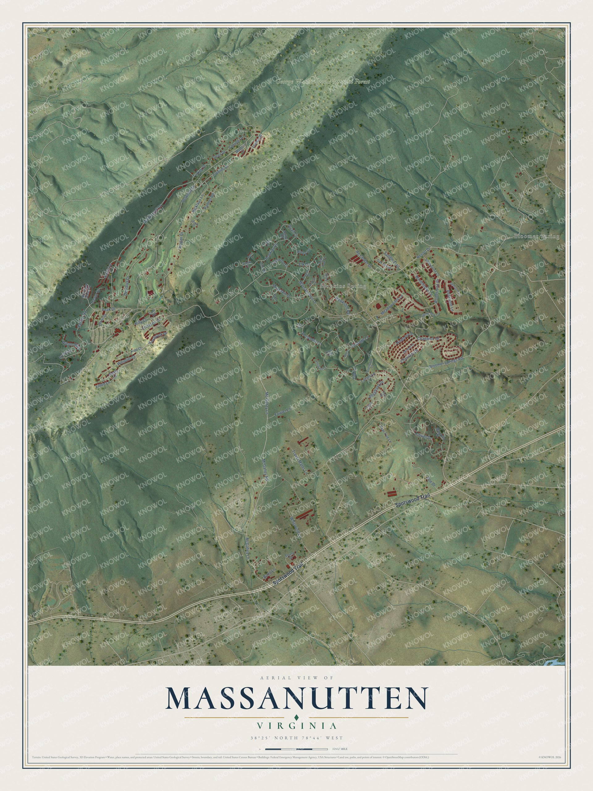 Full map of Massanutten, Virginia, with red buildings, printed street names and the land around them