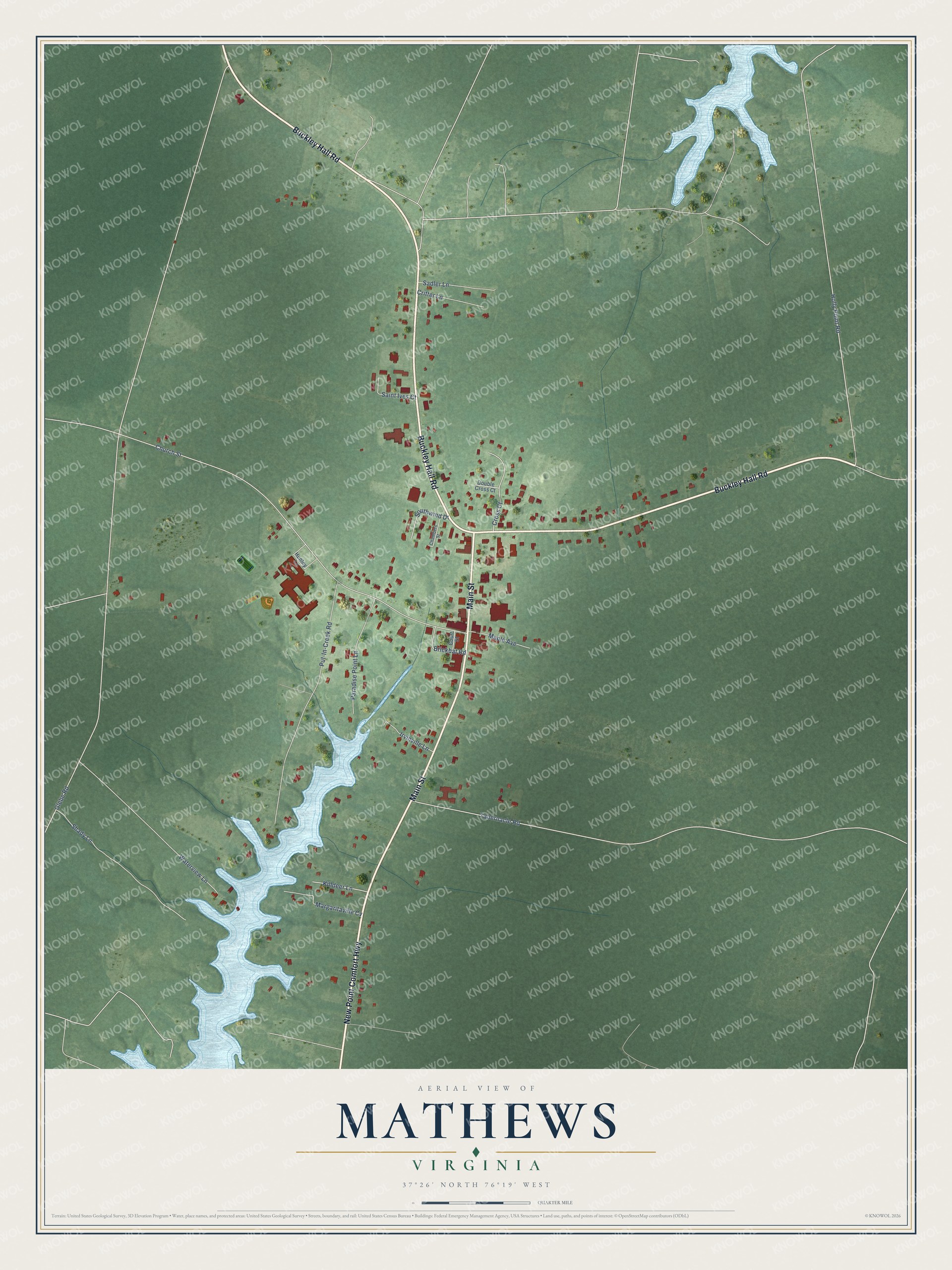 Full map of Mathews, Virginia, with red buildings, printed street names and the land around them