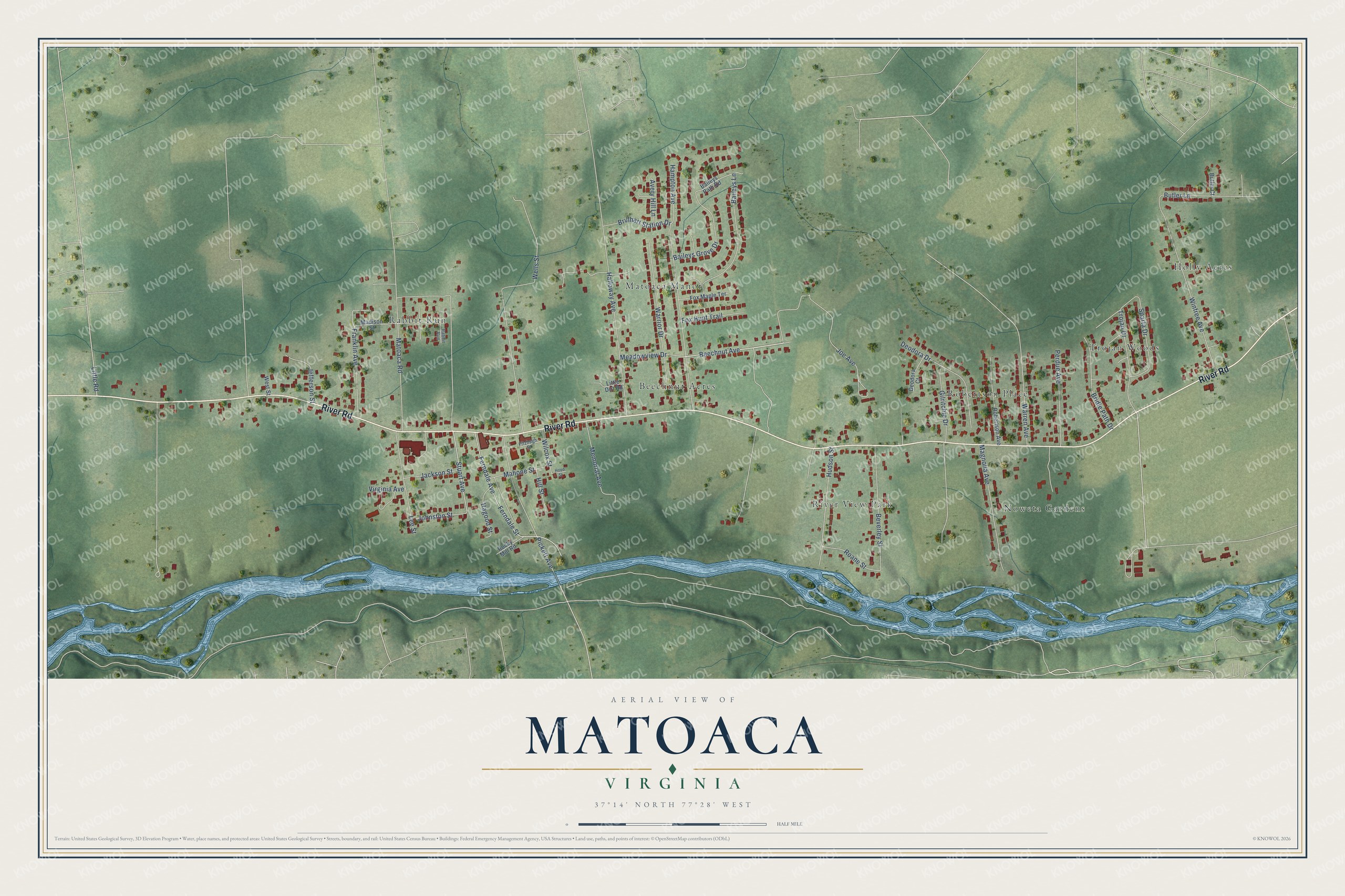 Full map of Matoaca, Virginia, with red buildings, printed street names and the land around them